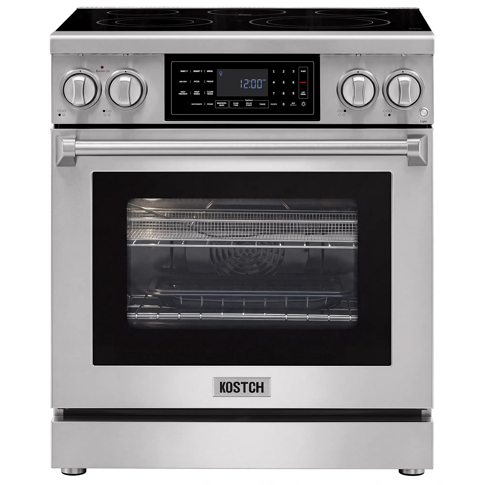 Electric range with black glass cooktop, digital display, and closed oven window