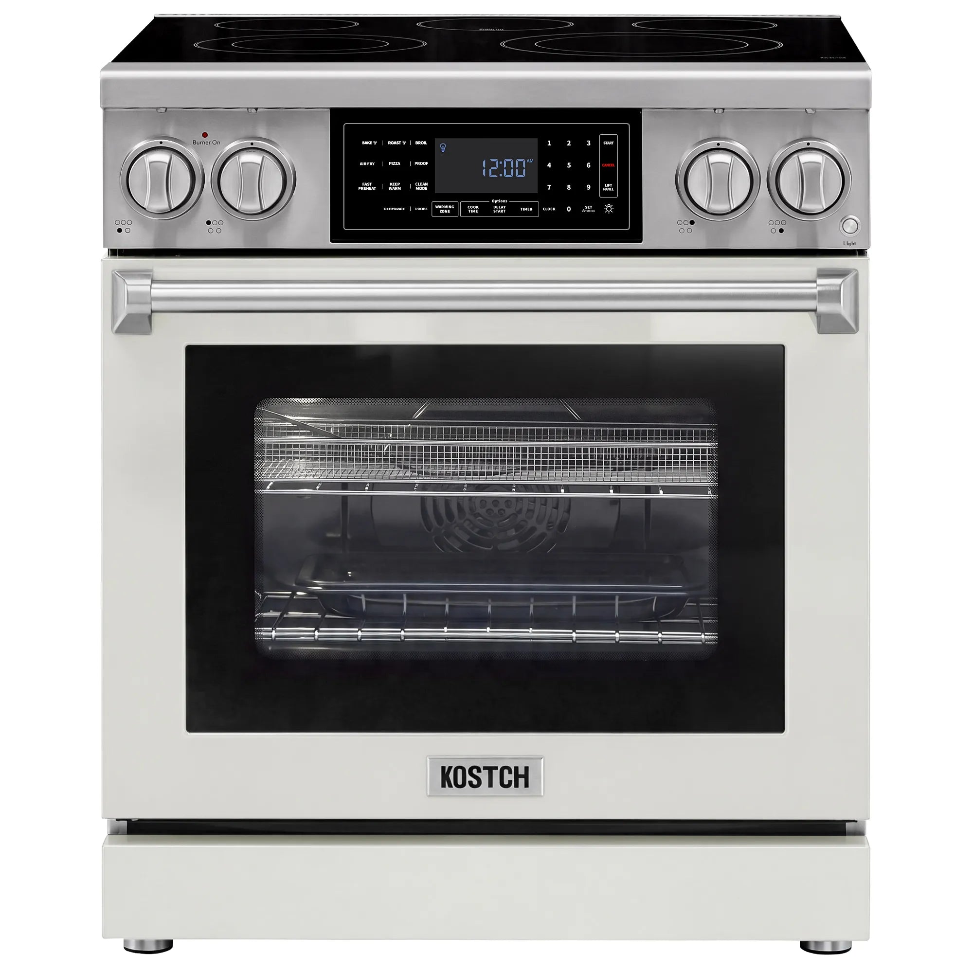 White electric range front with oven window showing interior heating elements