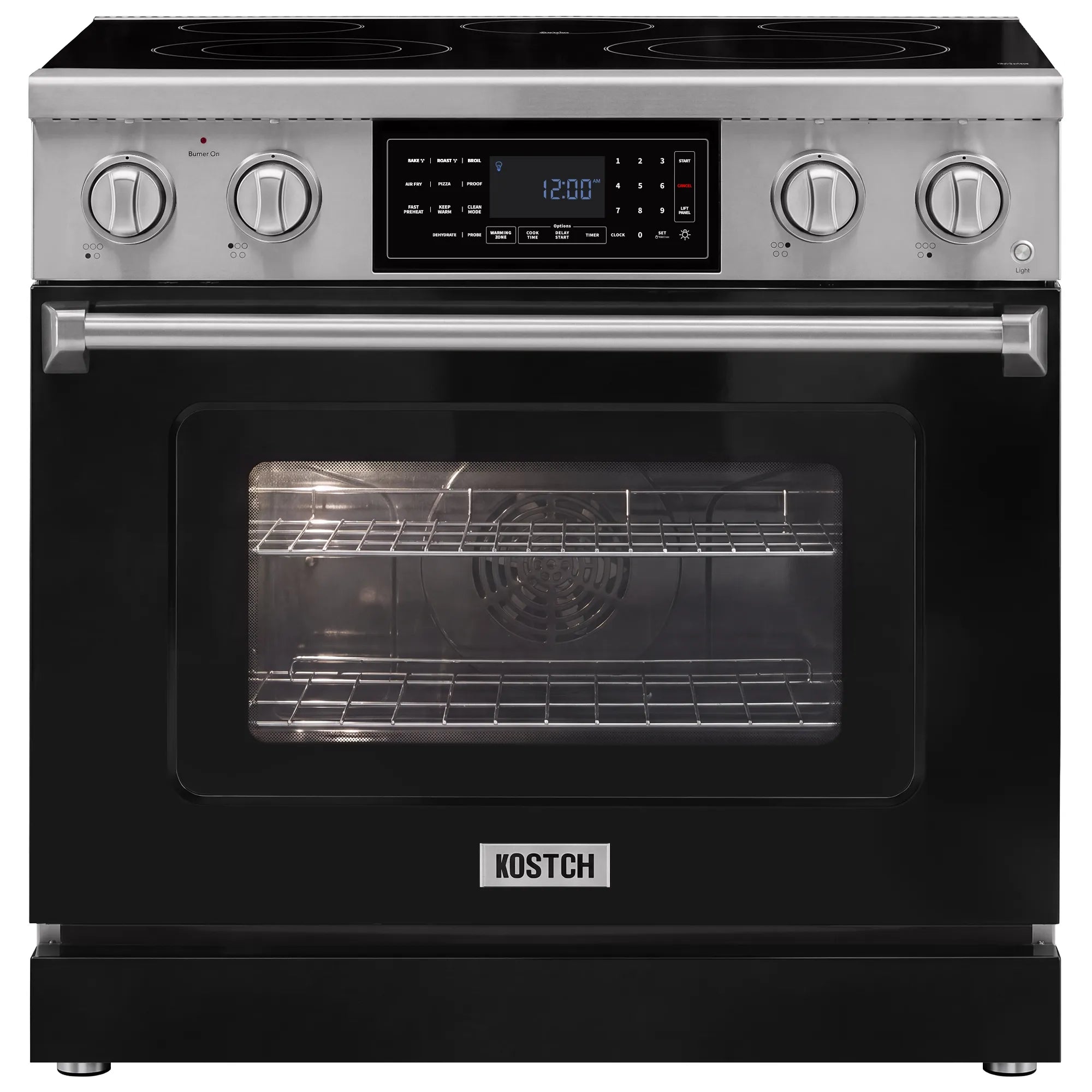 Black electric range with five burners and convection oven window, front view