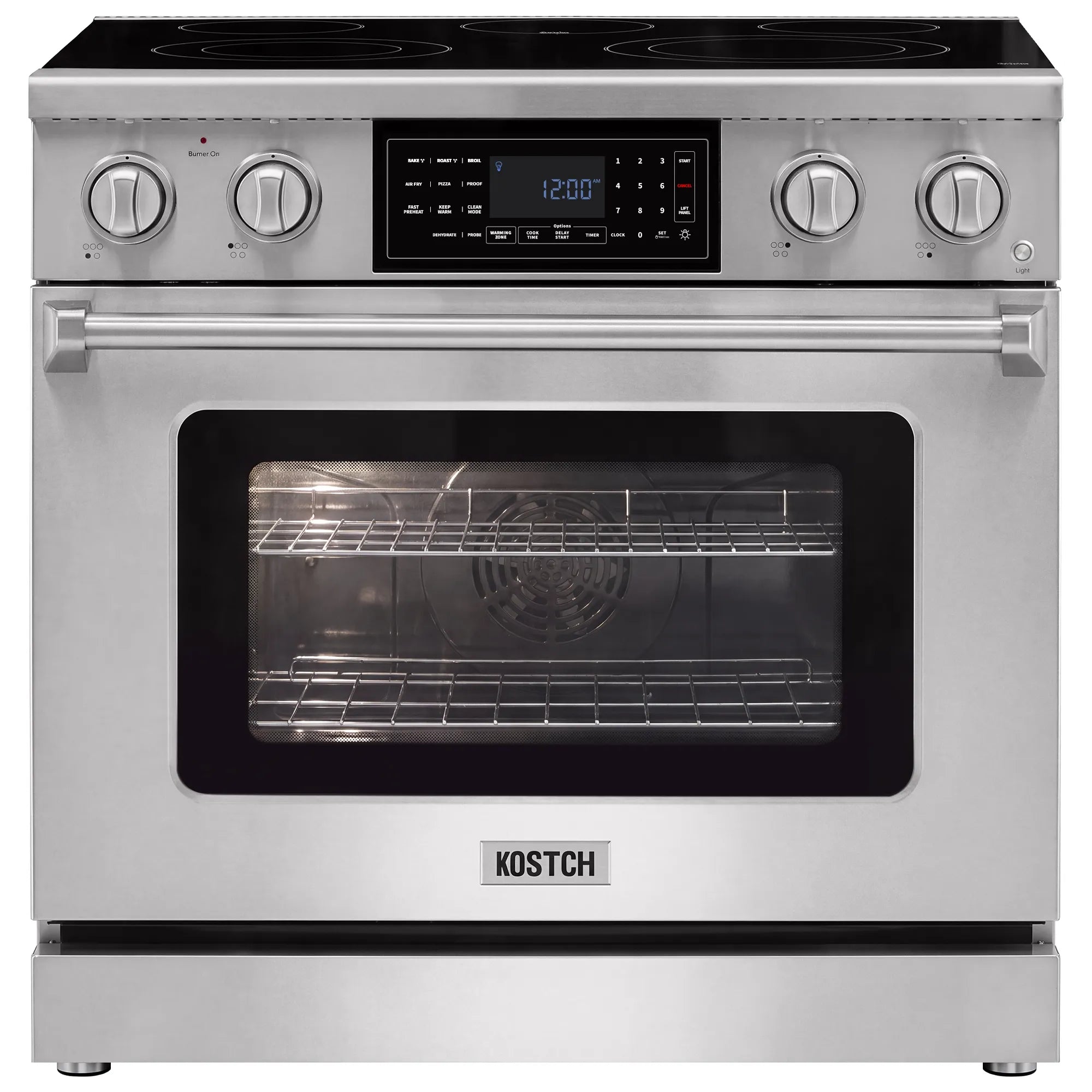 Front view of stainless steel electric range with open oven and control panel above