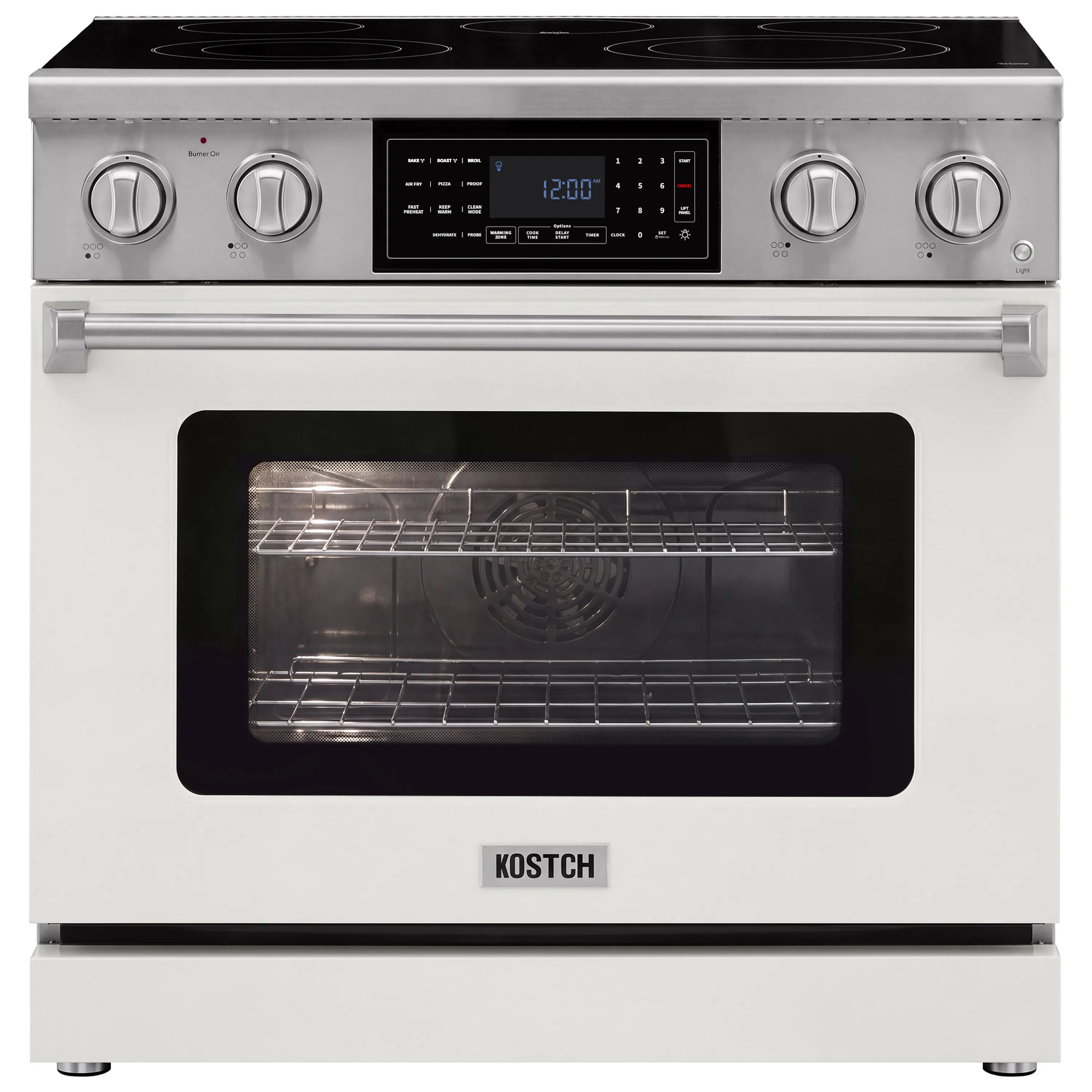 36-inch electric range with oven door window, digital display, and control knobs