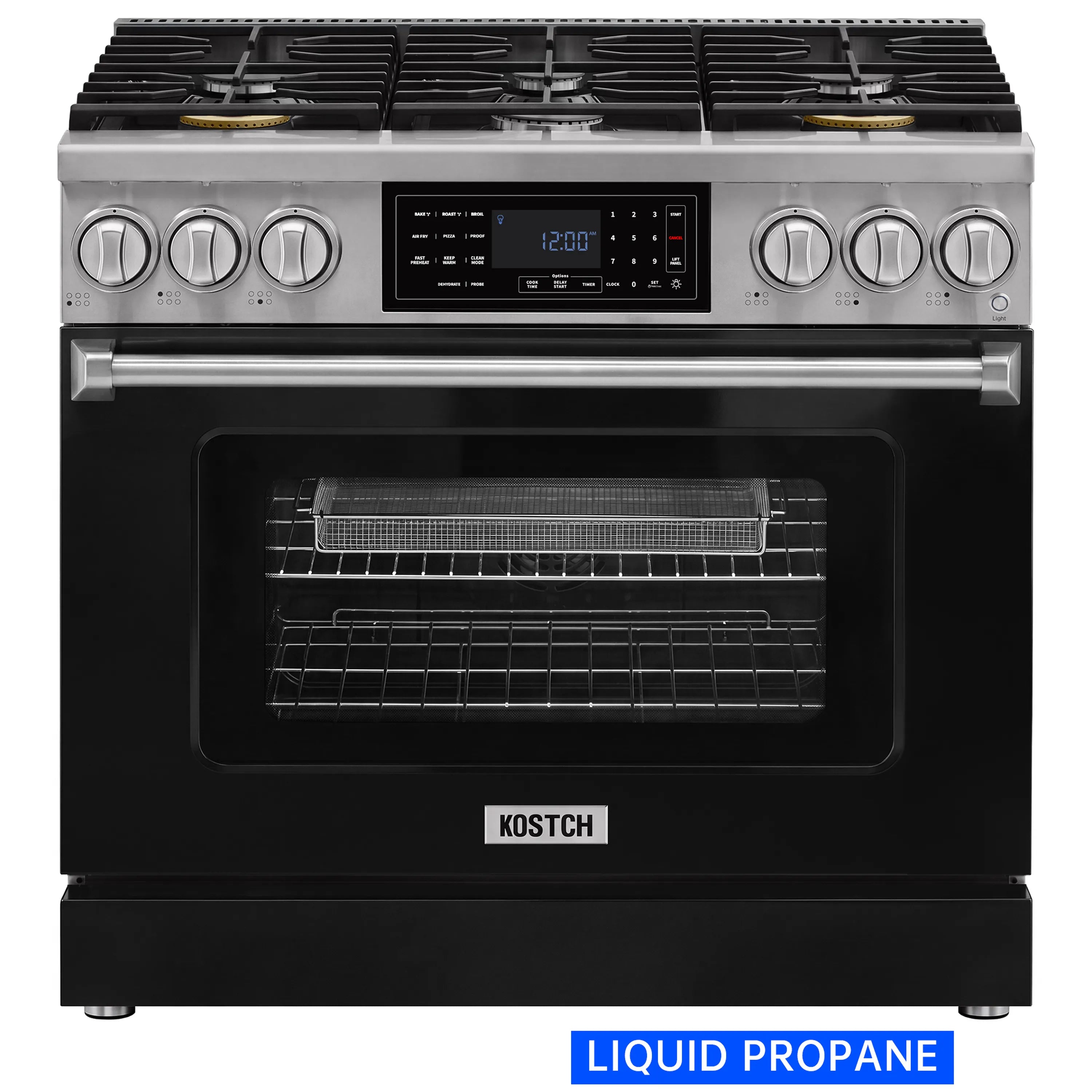 Stainless propane gas range with six sealed burners and digital control panel