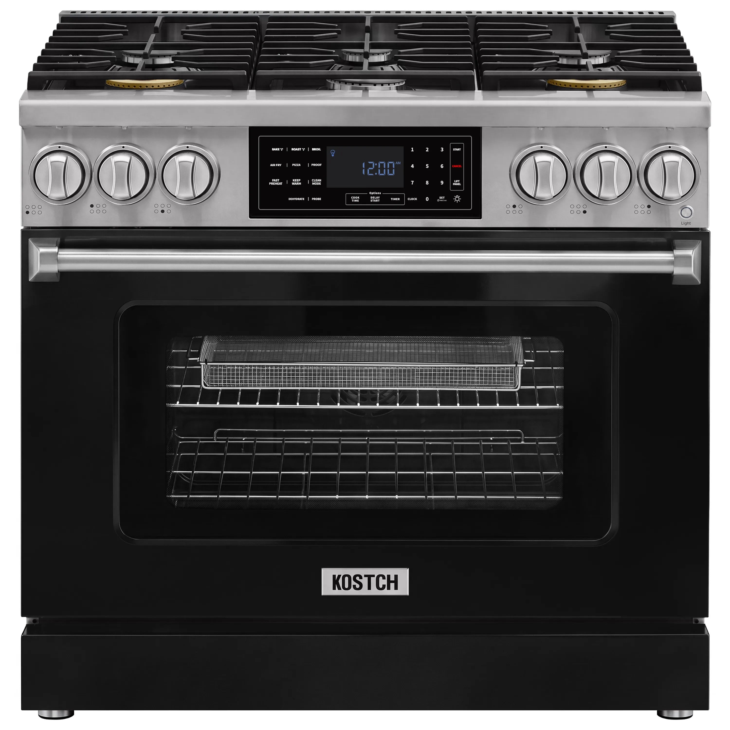 Front view of black gas range with digital display, knobs, and oven window