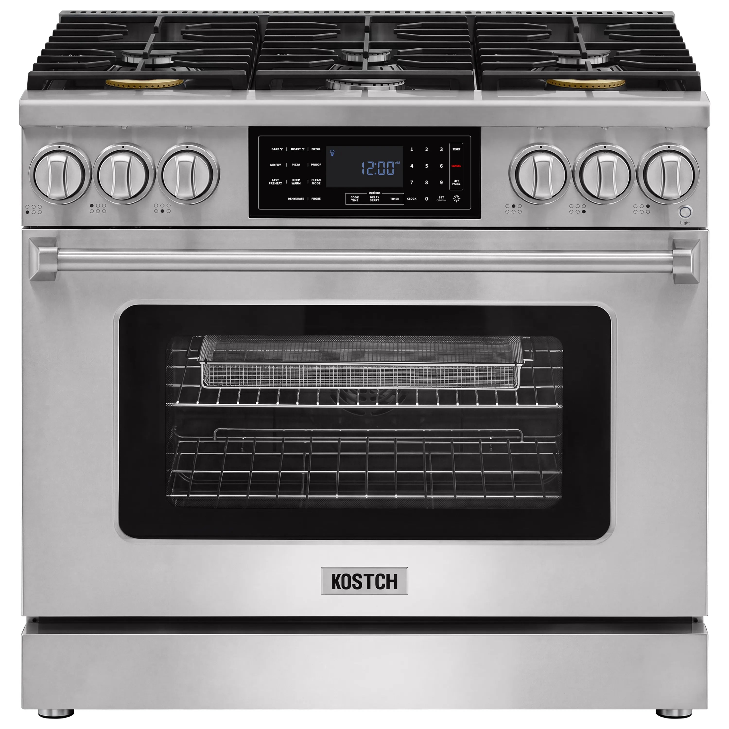 Stainless gas range with six burners, digital clock, and oven door