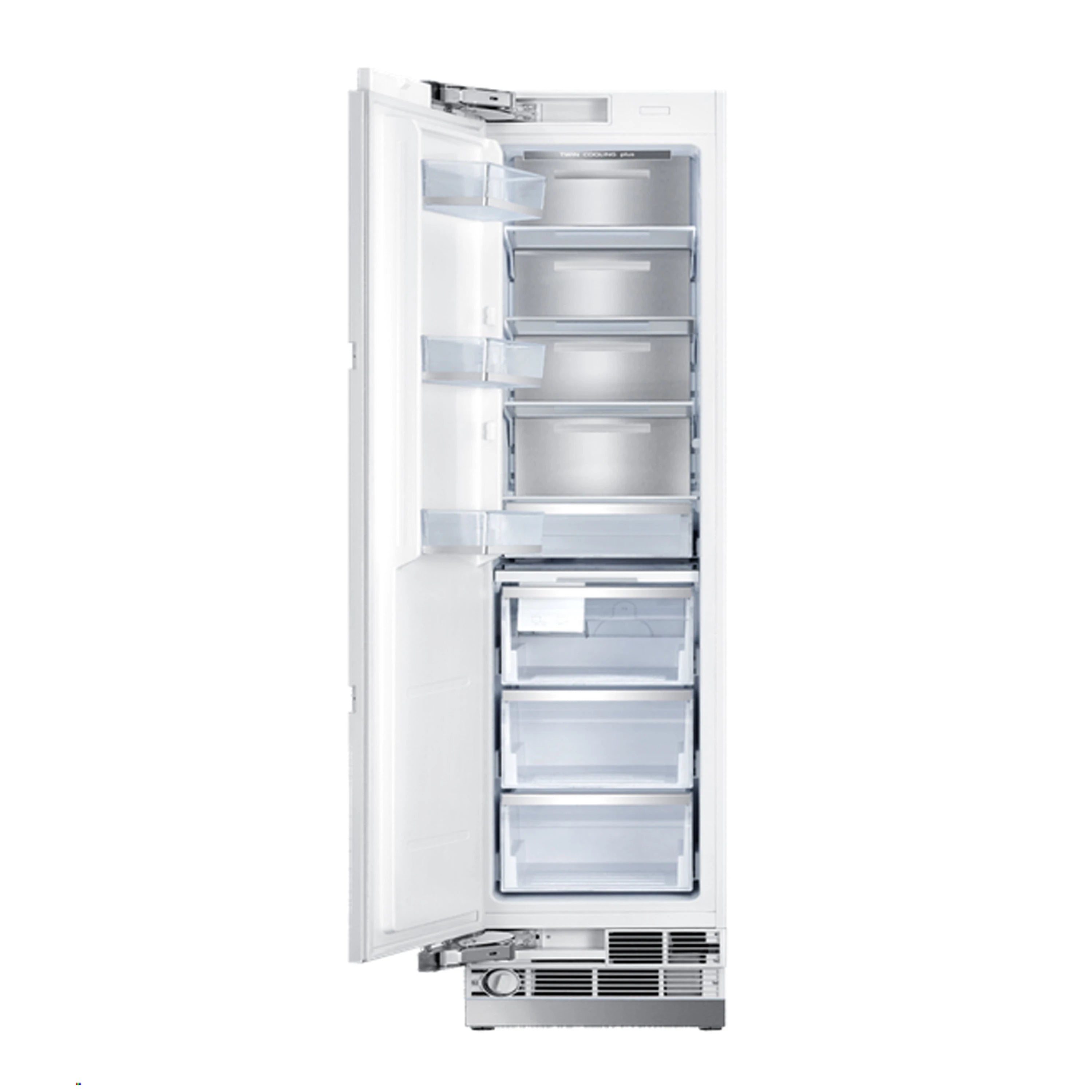 Counter-depth built-in freezer with door open, interior shelves and drawers visible