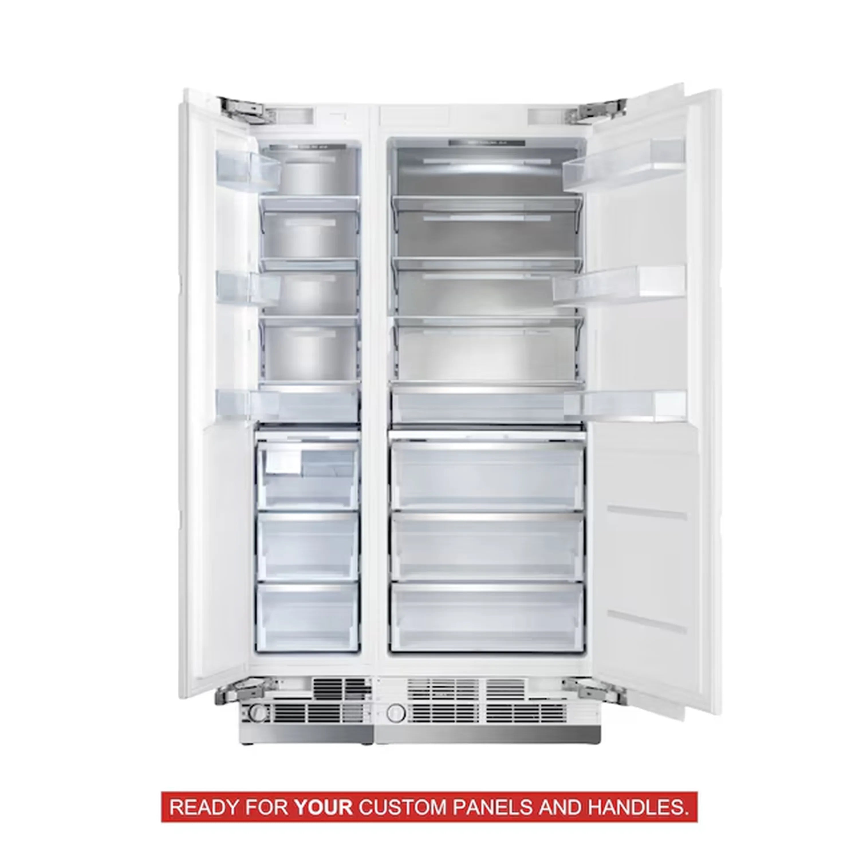 Panel-ready refrigerator with open doors, adjustable glass shelves and freezer drawers