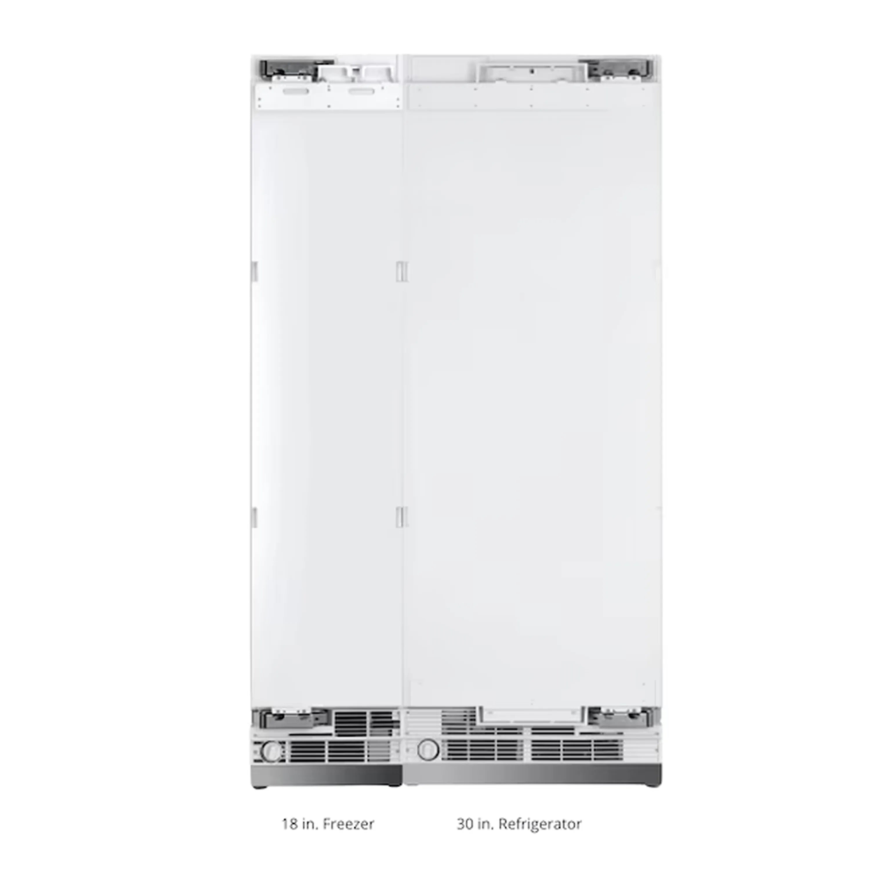 Panel-ready refrigerator with two doors, built-in vents at the bottom and compartment markings