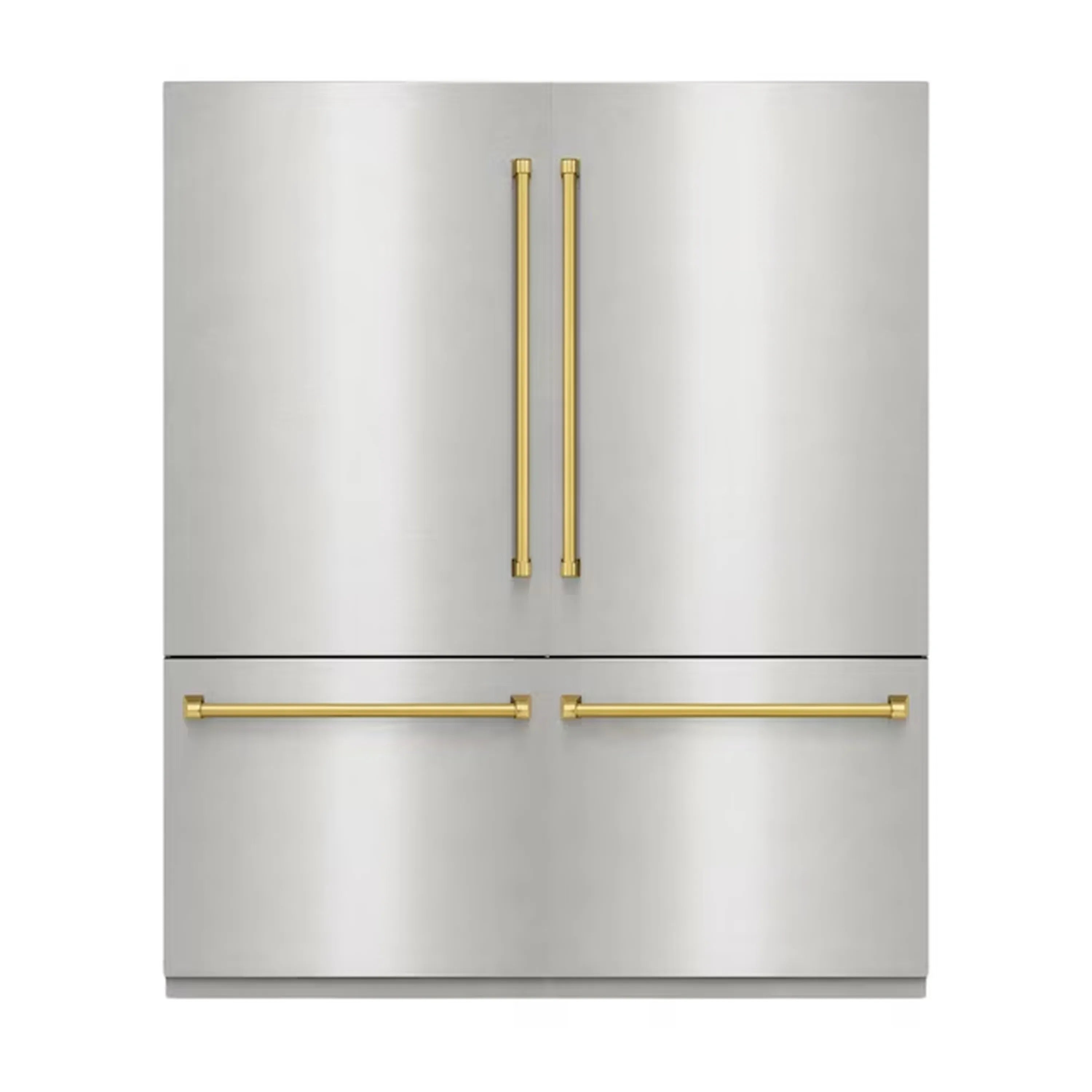 Stainless steel refrigerator front with dual gold handles