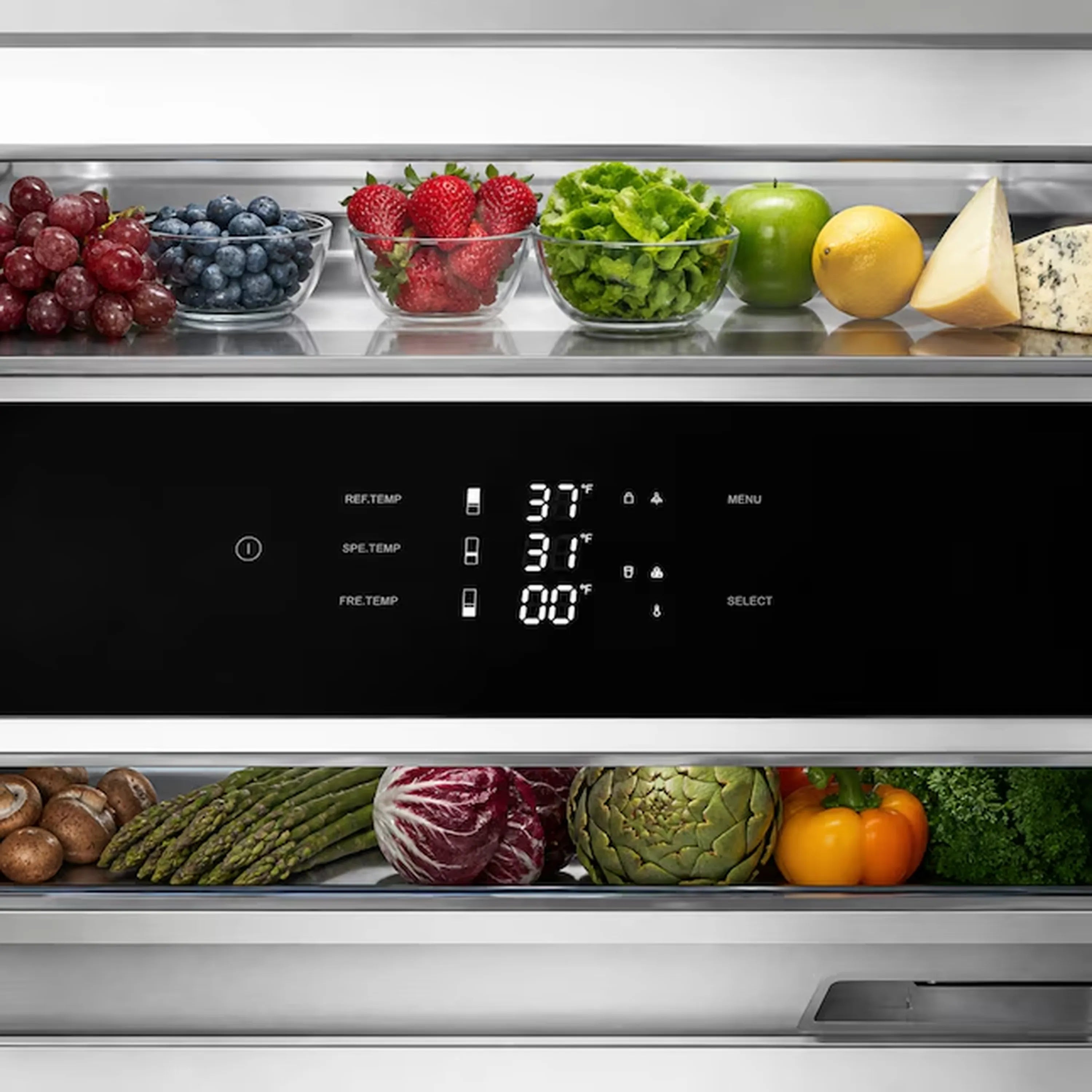 Refrigerator interior shelves and digital control panel with produce on trays