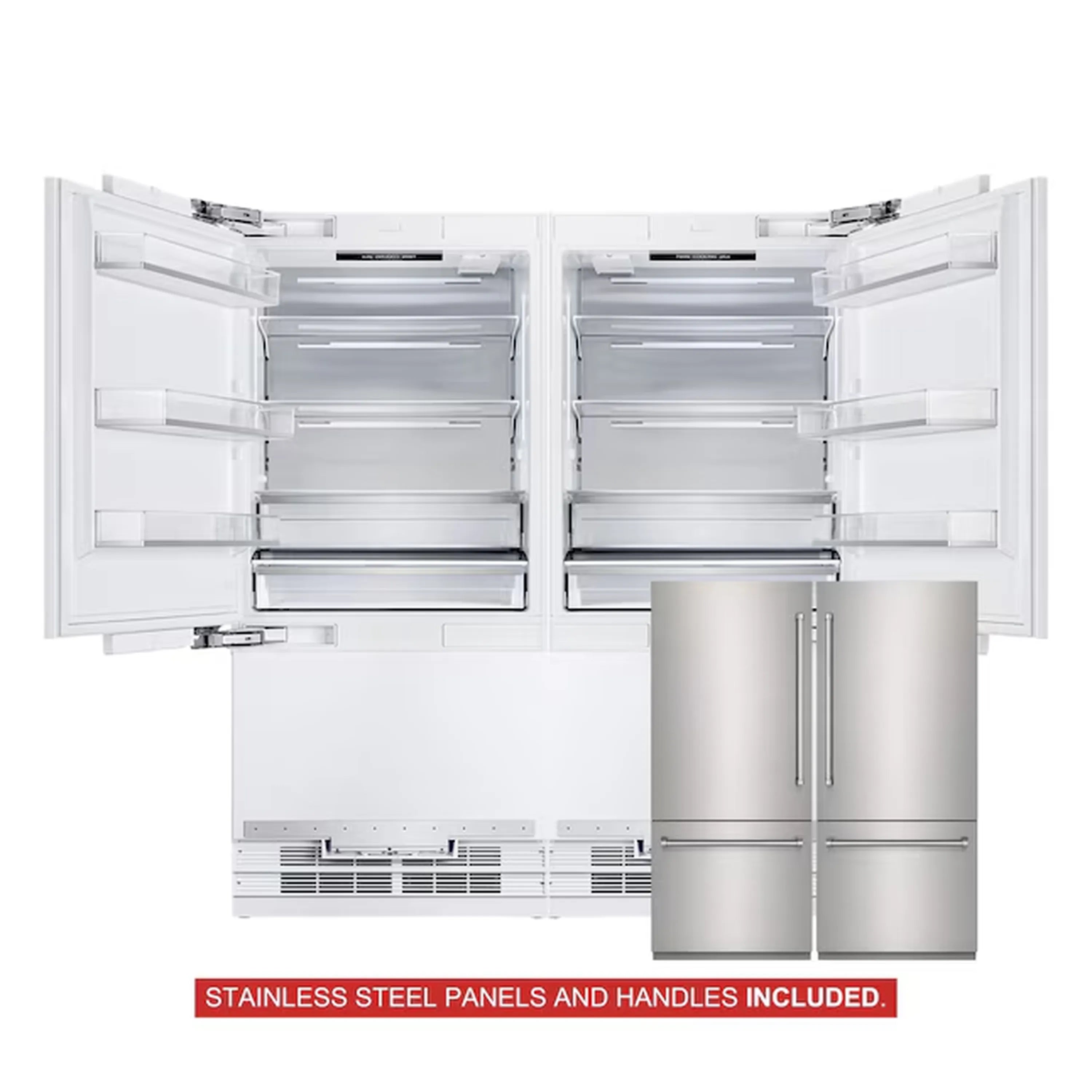 Built-in French door refrigerator with both doors open, showing internal shelves.