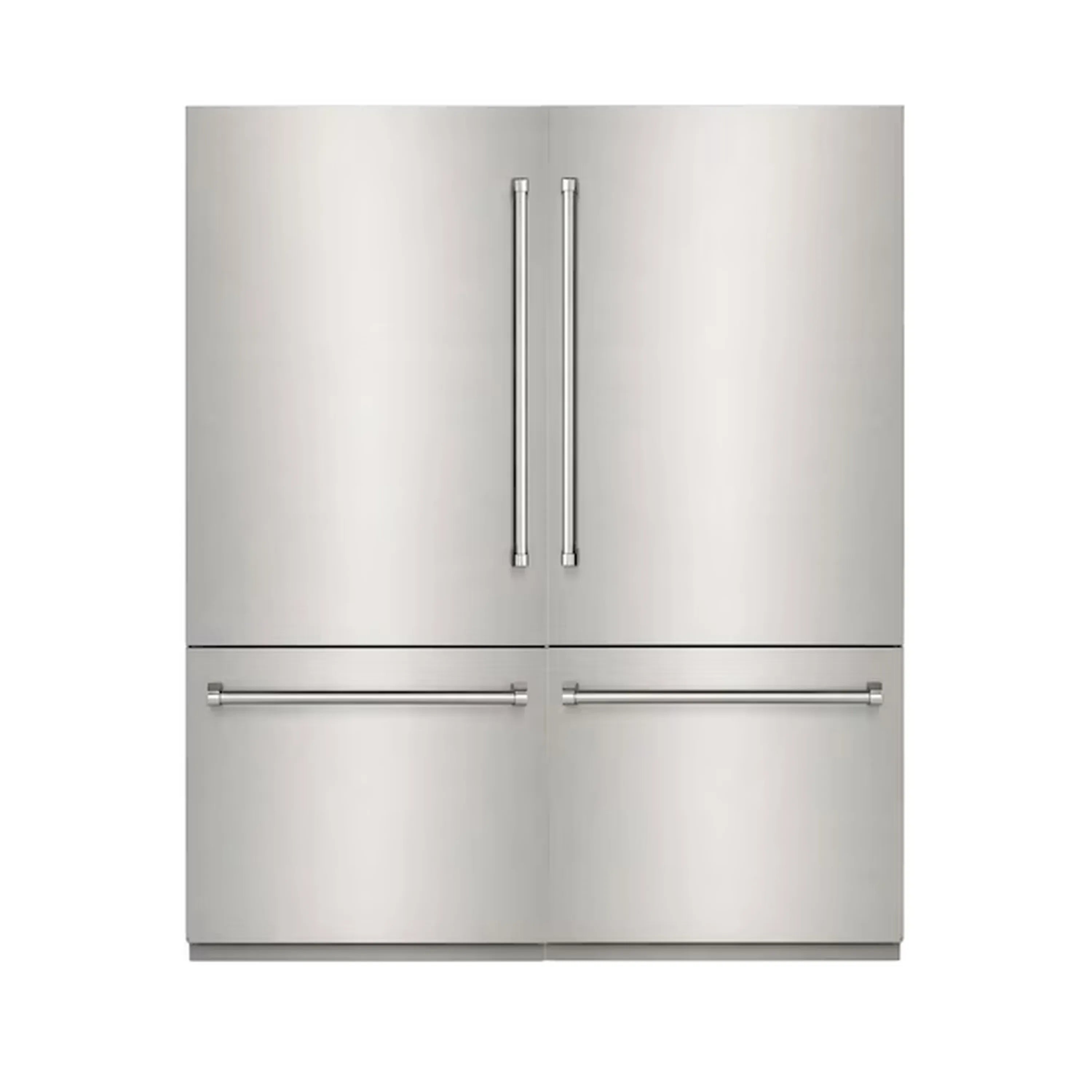 Stainless steel built-in French door refrigerator with dual vertical handles.