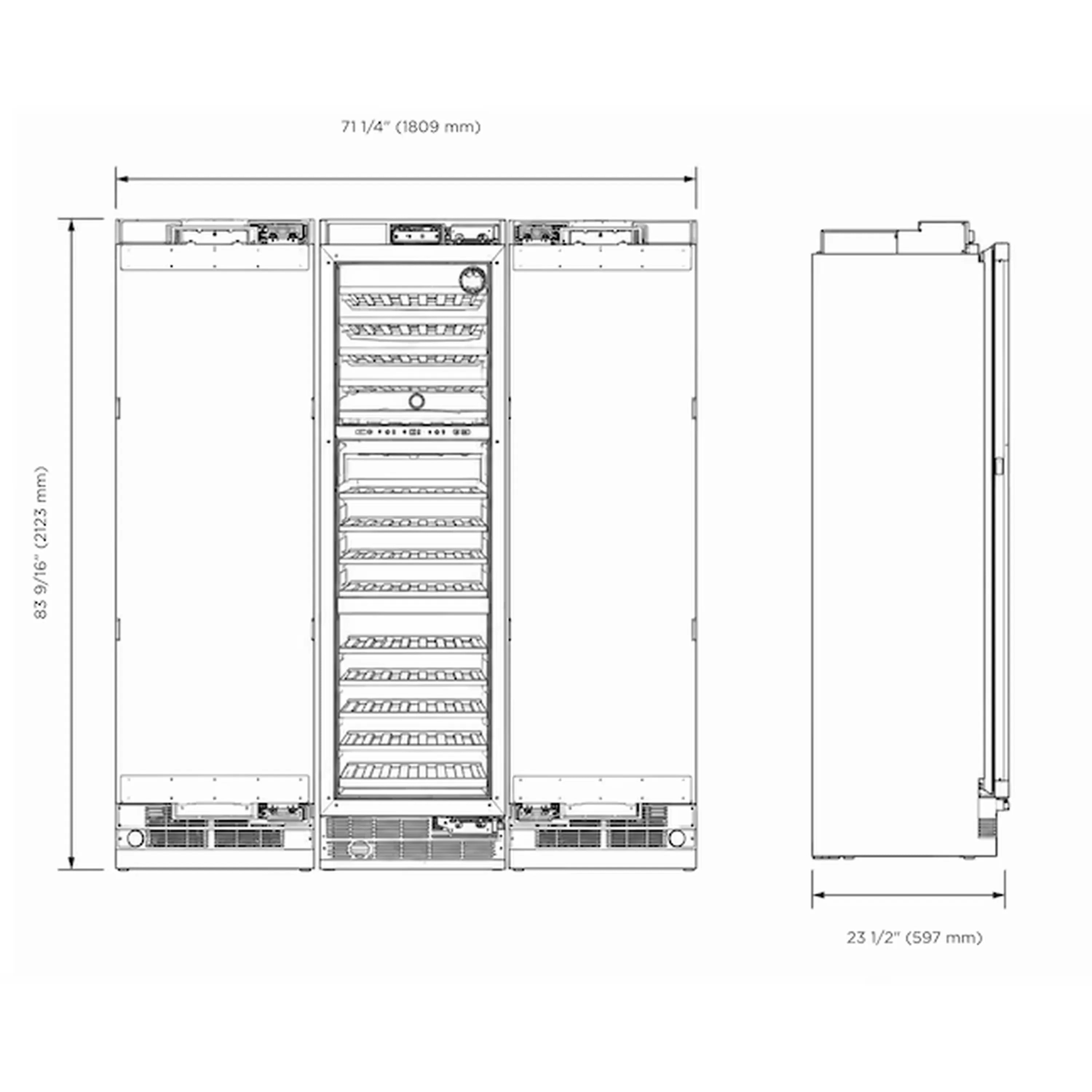 Panel-ready refrigerator dimension diagram with open-door and side measurements