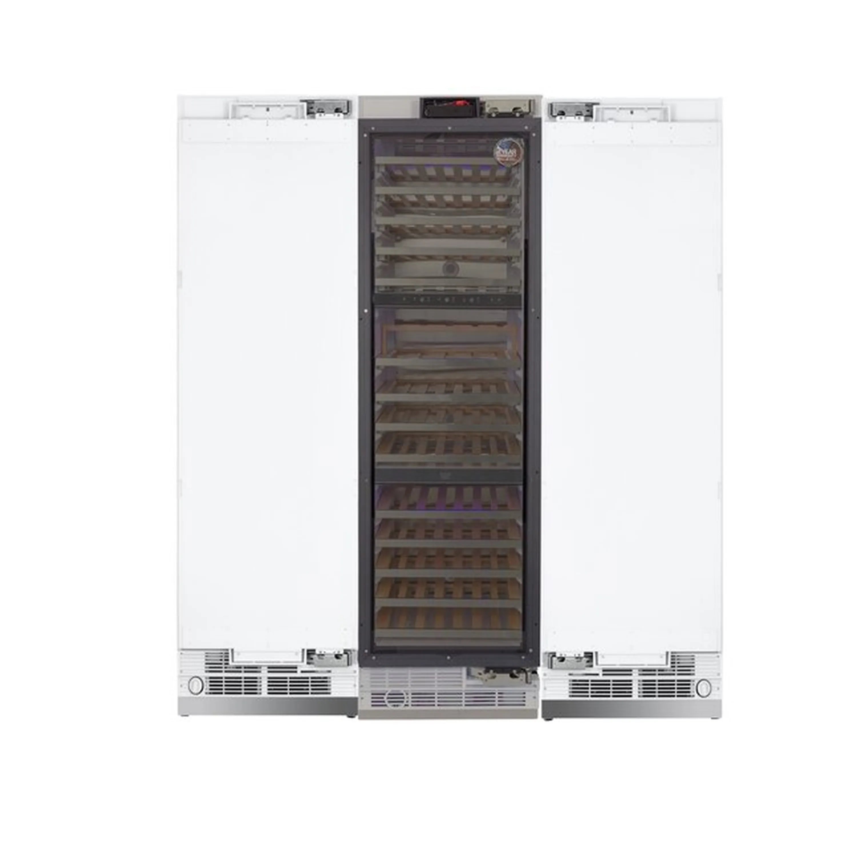 Built-in wine cooler door with wooden-style racks and stainless interior frame