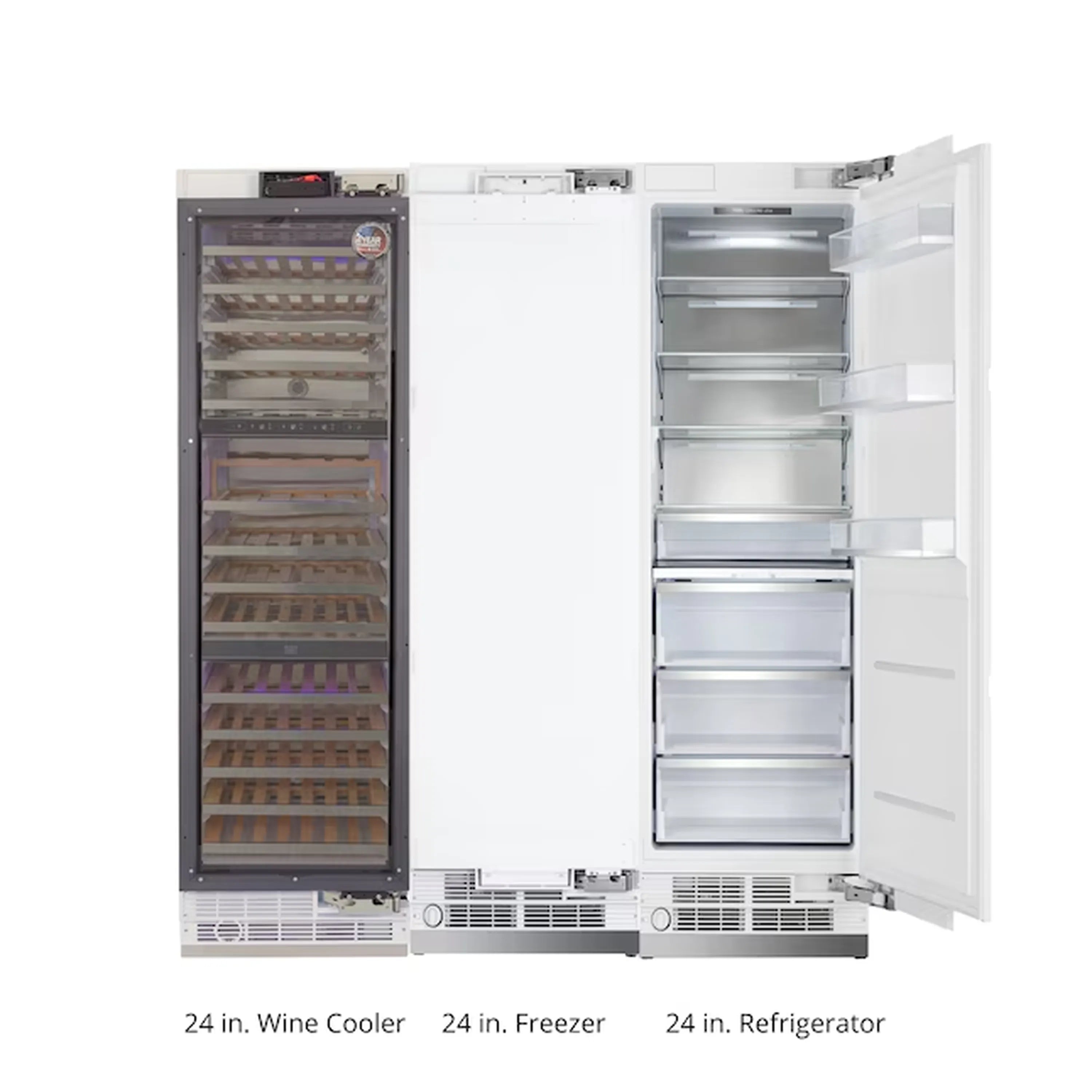 Built-in refrigerator interior with wine cooler section, freezer, and refrigerator drawers