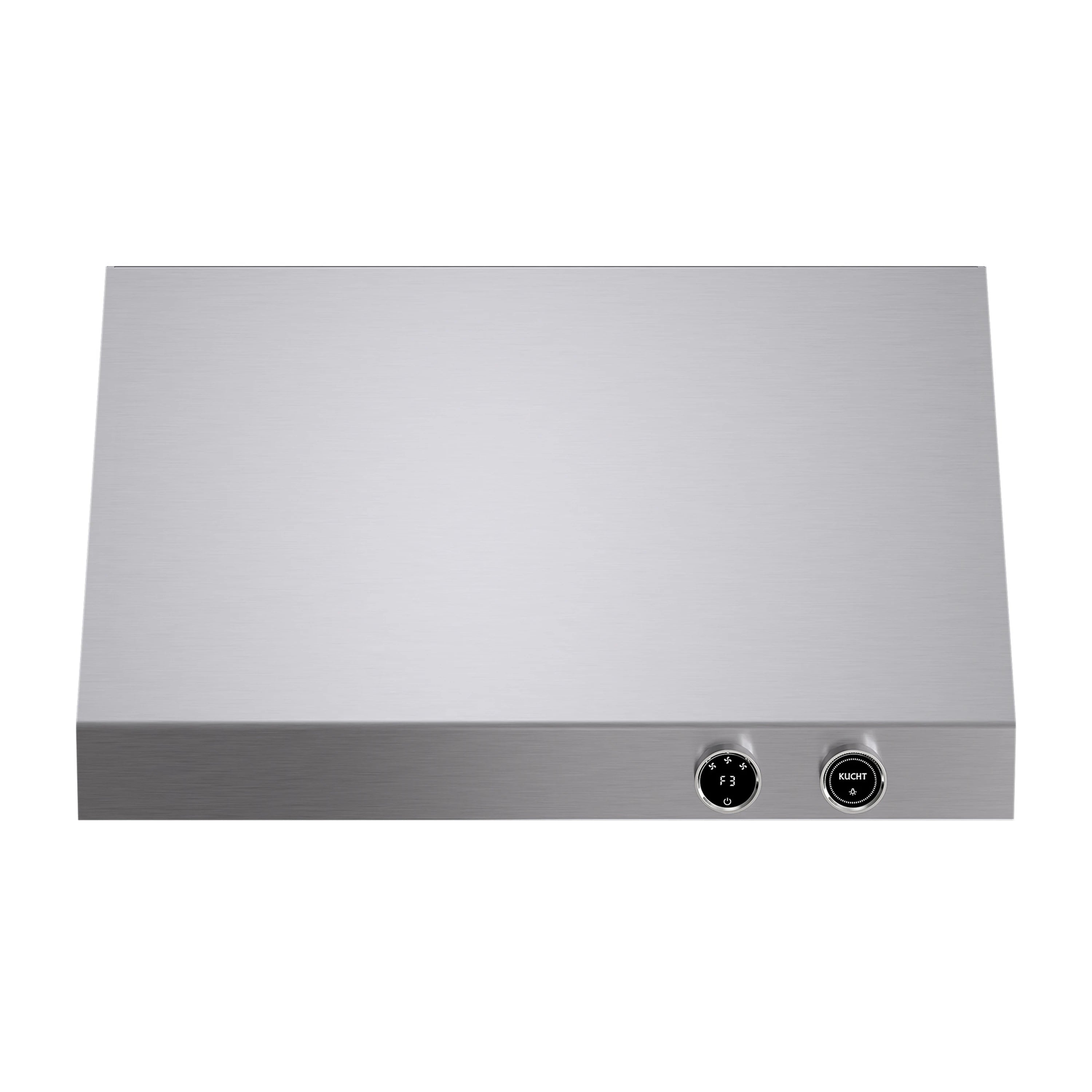 Stainless steel range hood front panel with two small control buttons