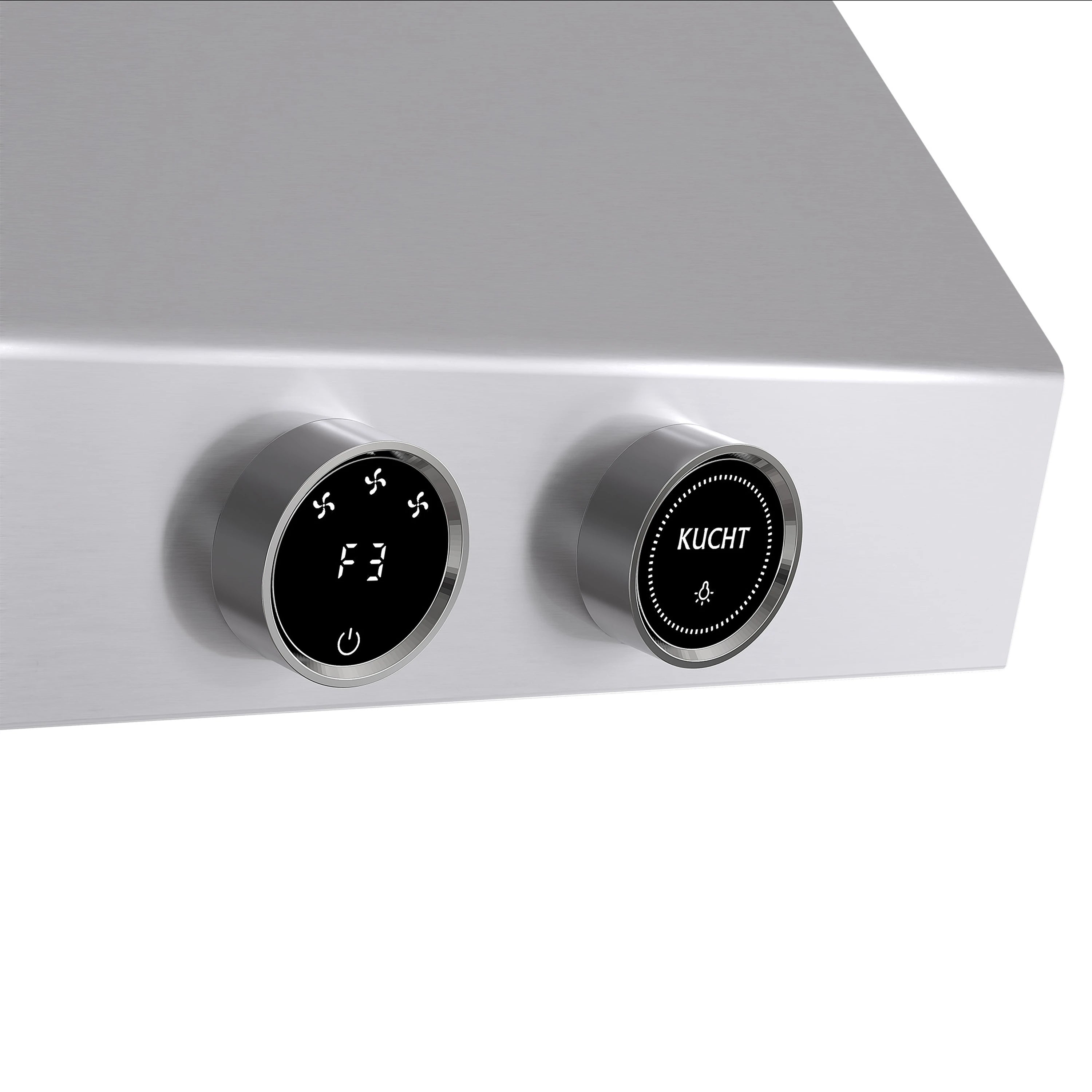 Stainless steel under-cabinet range hood with round digital control buttons