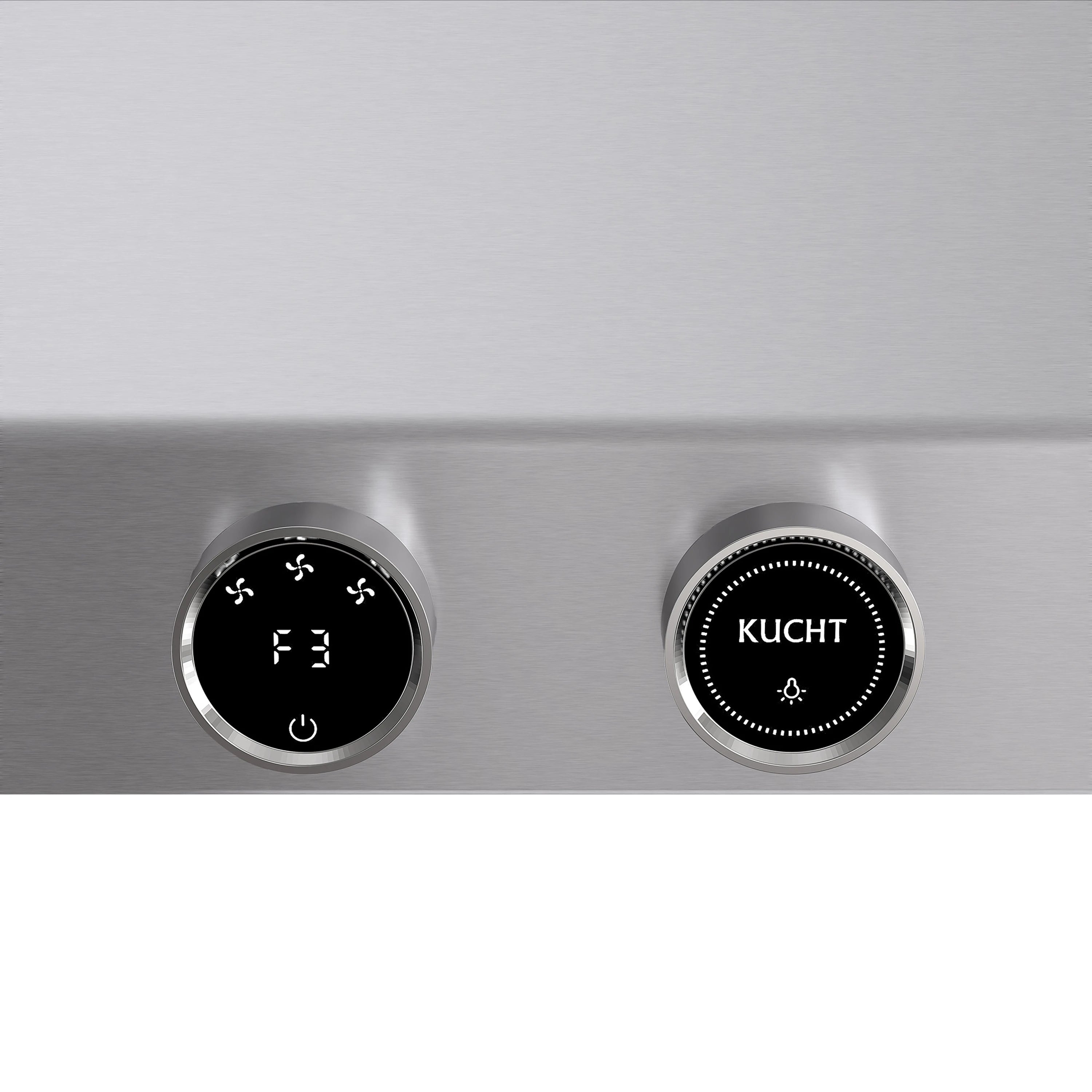 Stainless range hood with two round digital controls and Kucht logo display