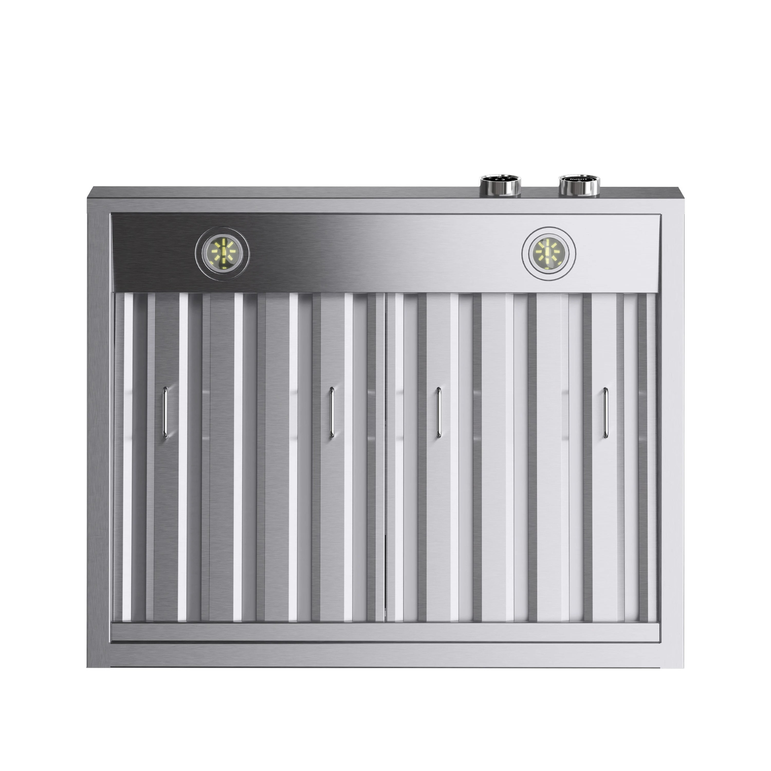 Ducted range hood with stainless baffle filter panels and two vent outlet caps