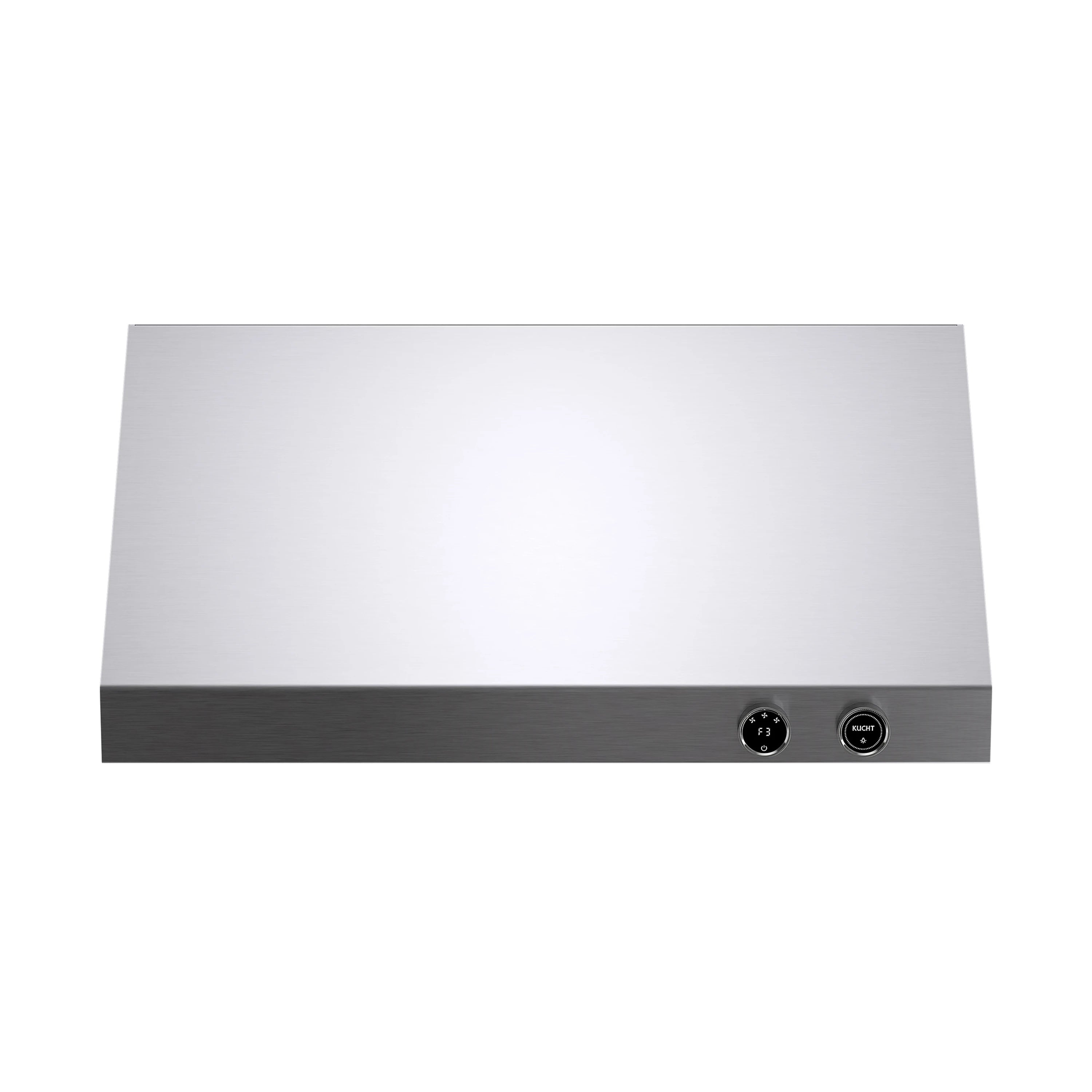 Stainless steel under-cabinet range hood front edge with two control buttons