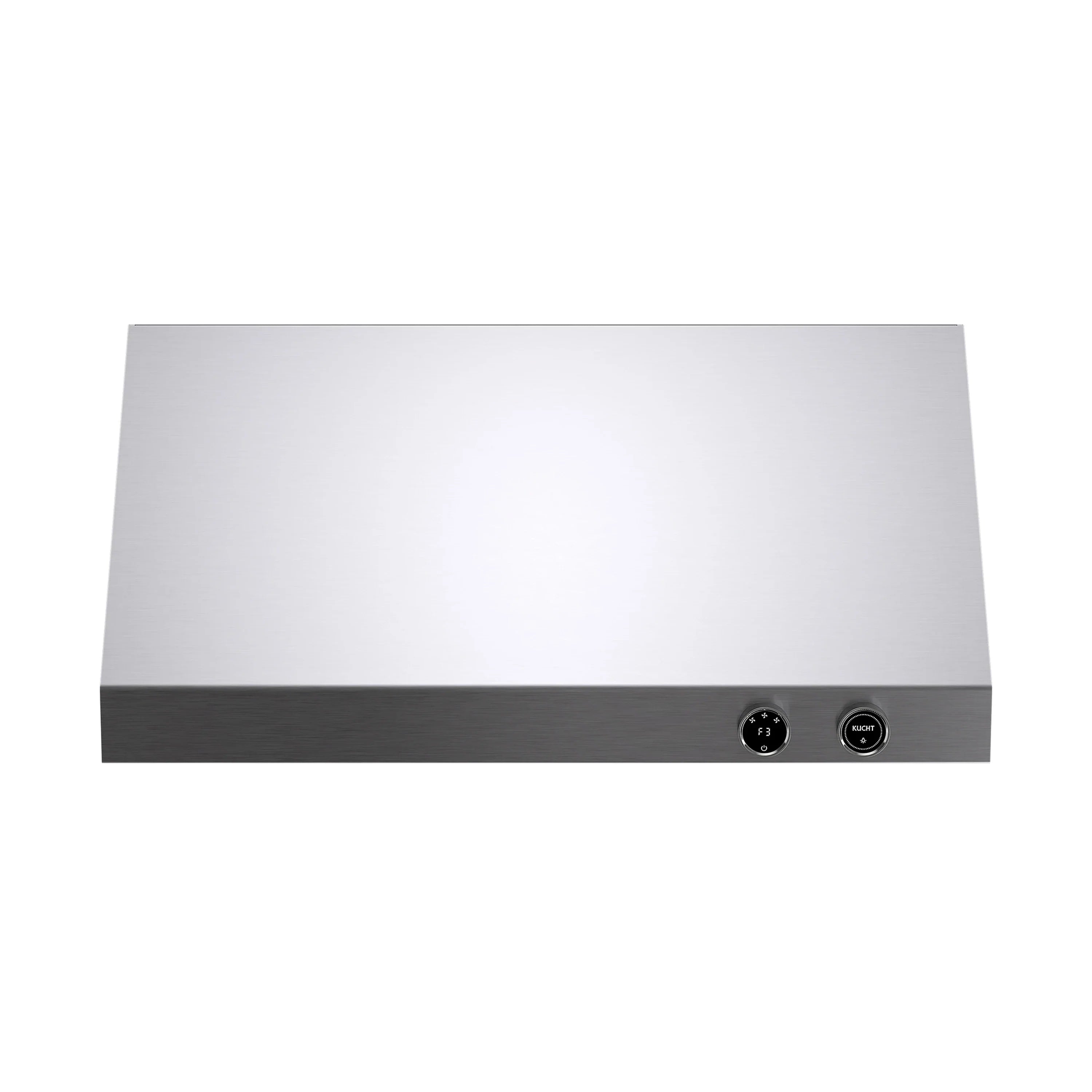 Stainless steel range hood front panel with touch-style control buttons