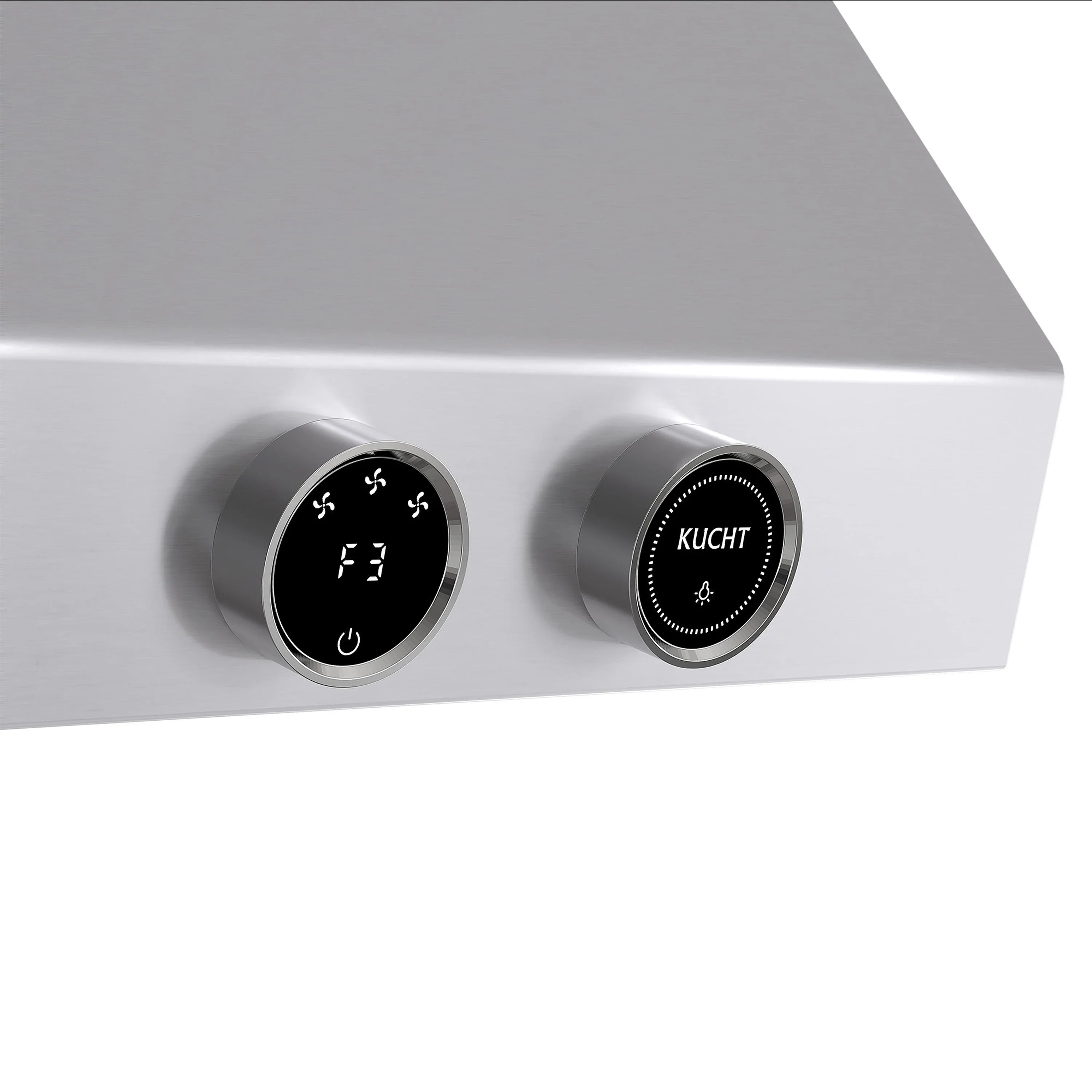 Stainless steel range hood control knobs with Kucht logo