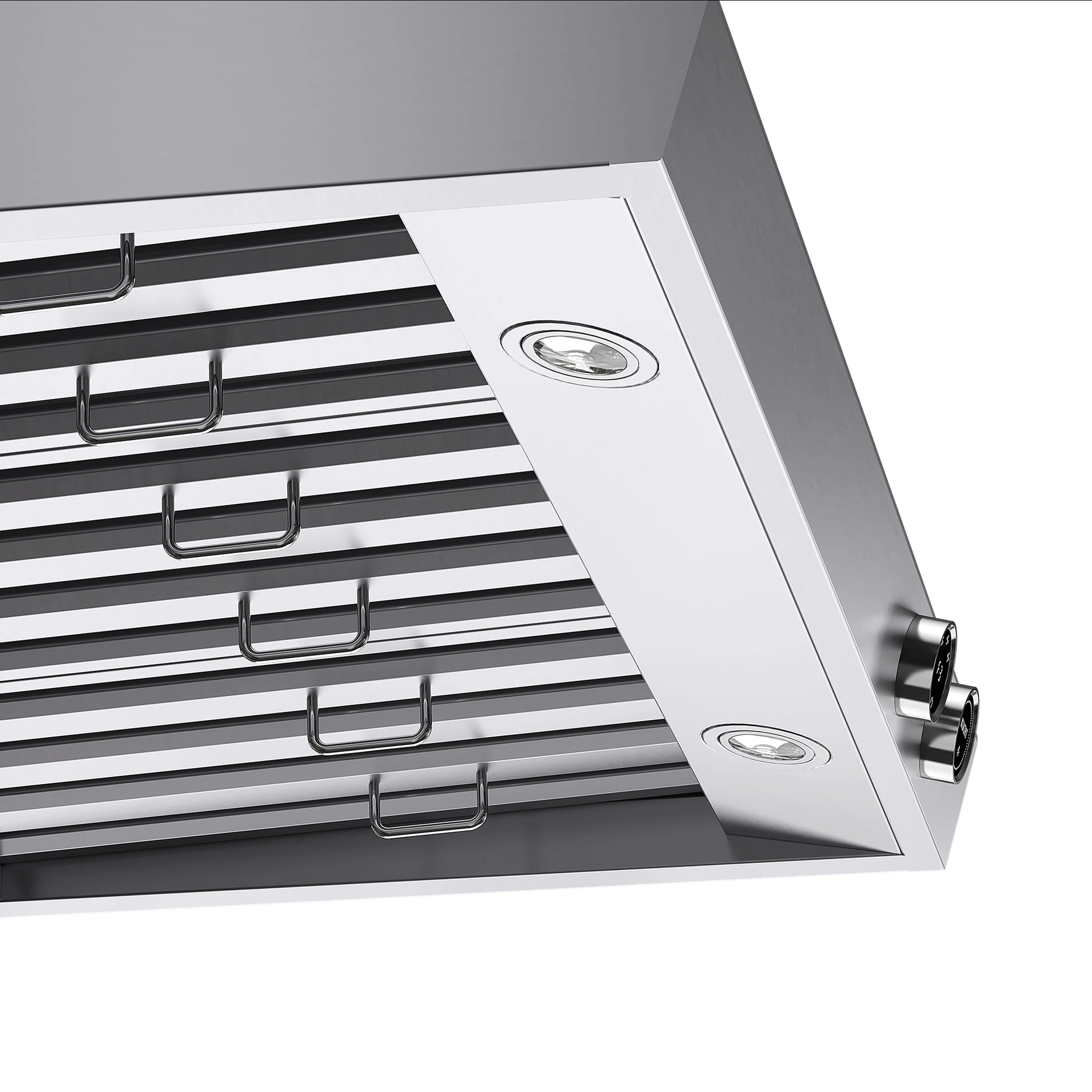 Range hood interior with baffle filters and two circular light fixtures