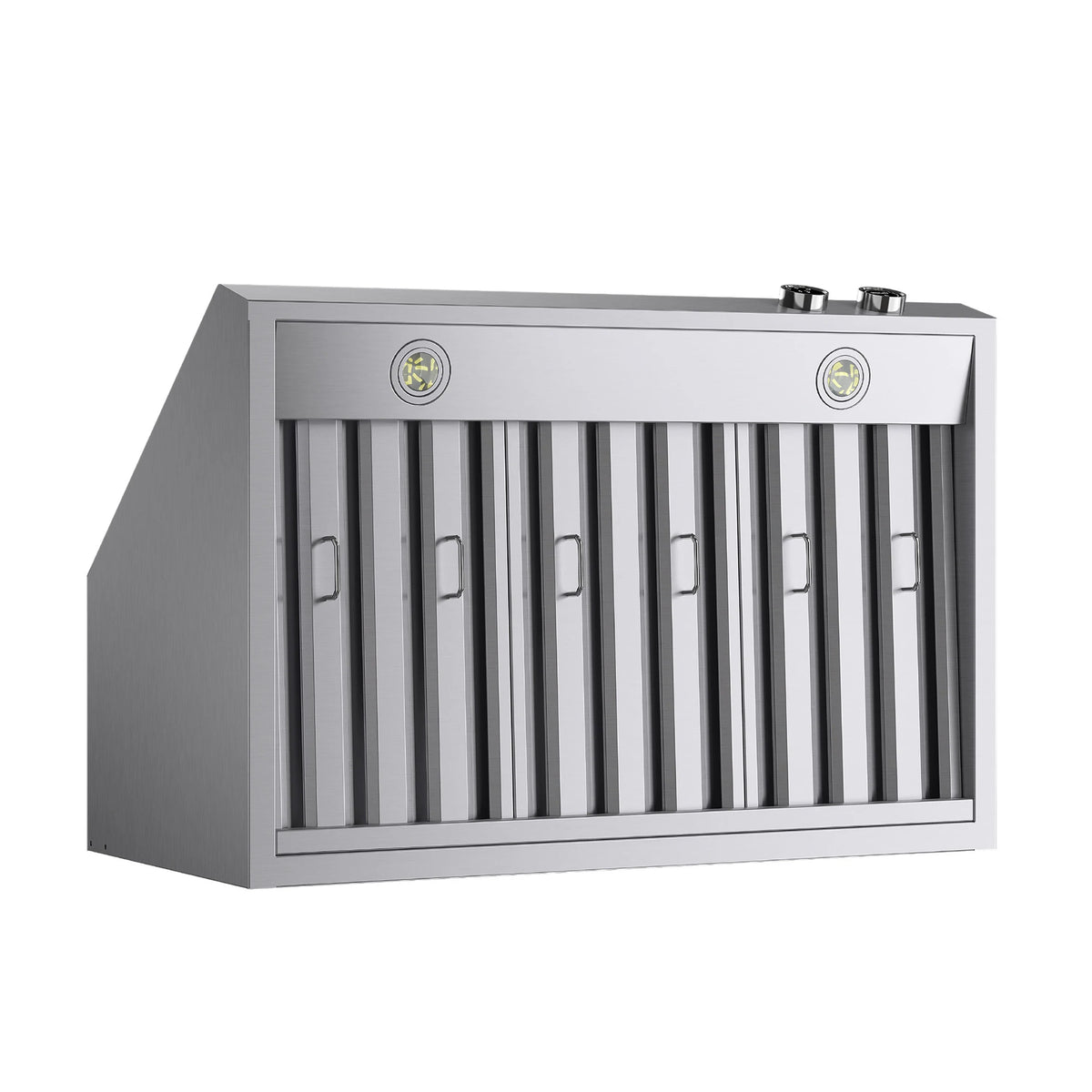 Stainless steel range hood with vertical grille and two top vent knobs
