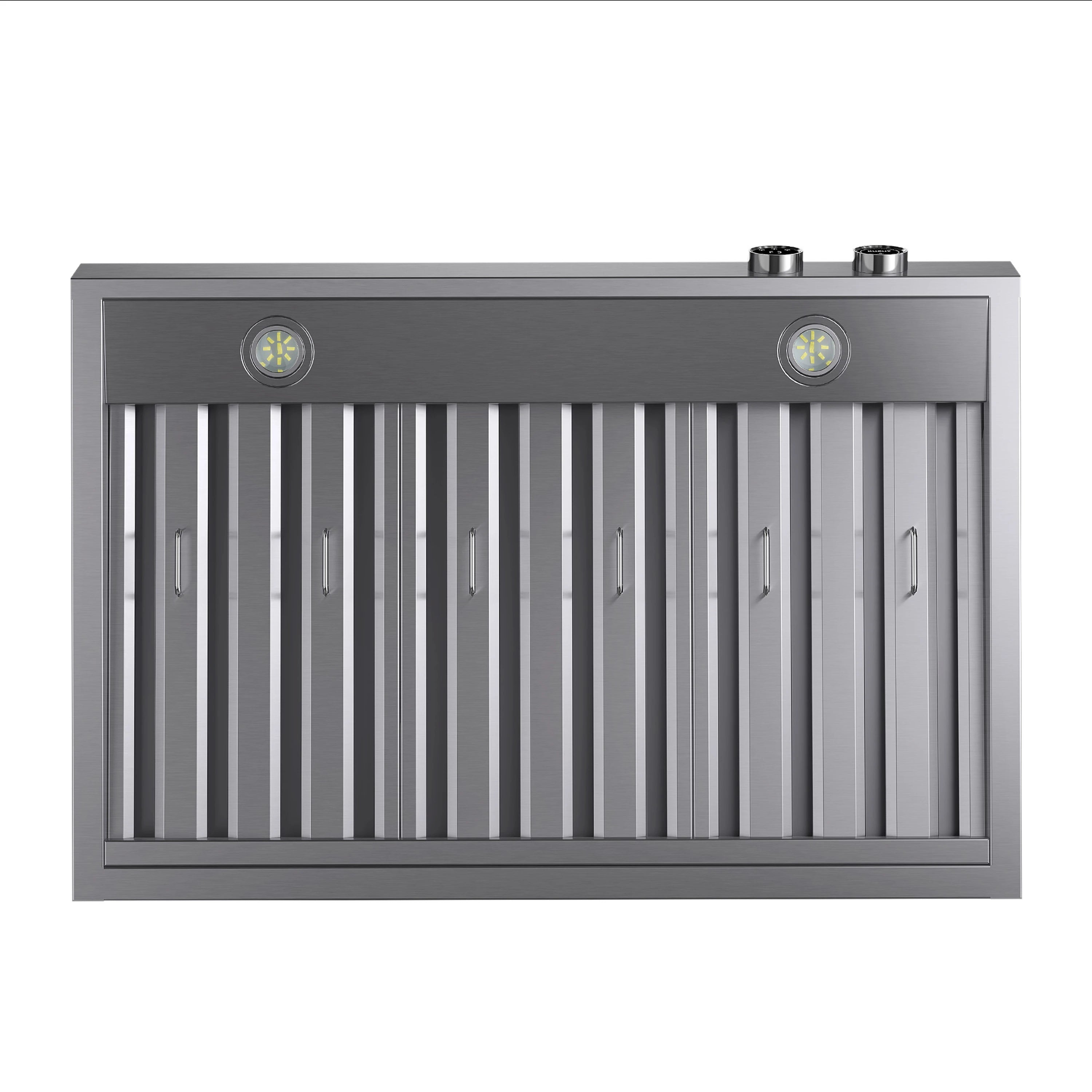 Stainless steel under-cabinet range hood with dark front fascia and vertical grille