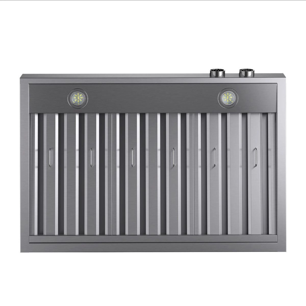 Stainless steel under-cabinet range hood with vertical vent louvers