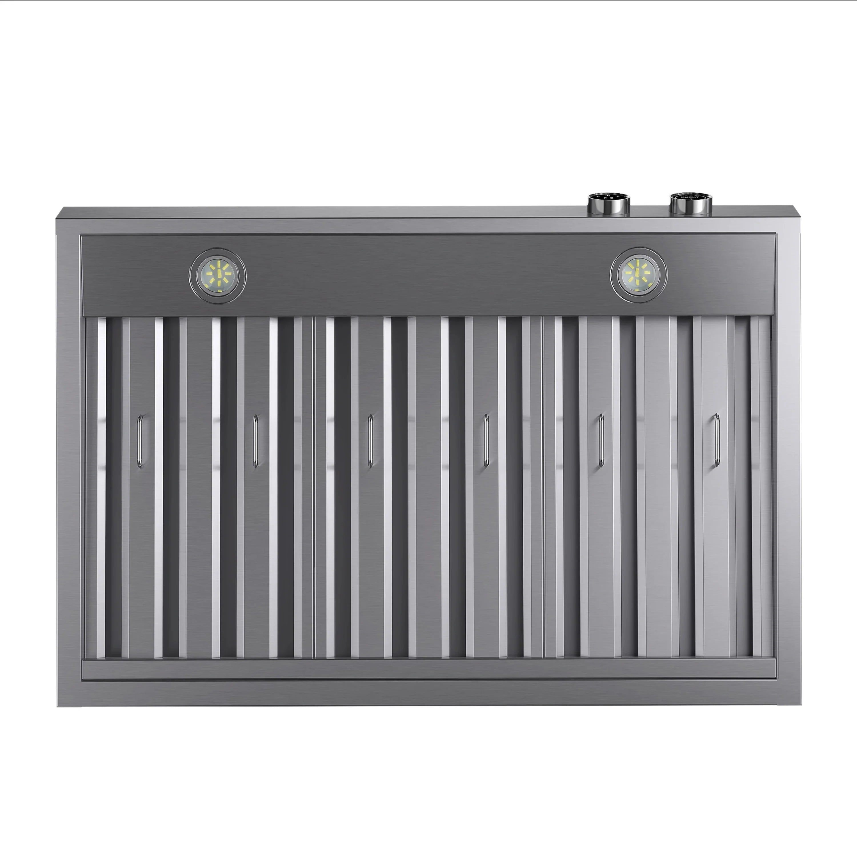 Stainless steel range hood with vertical grille and two indicator lights