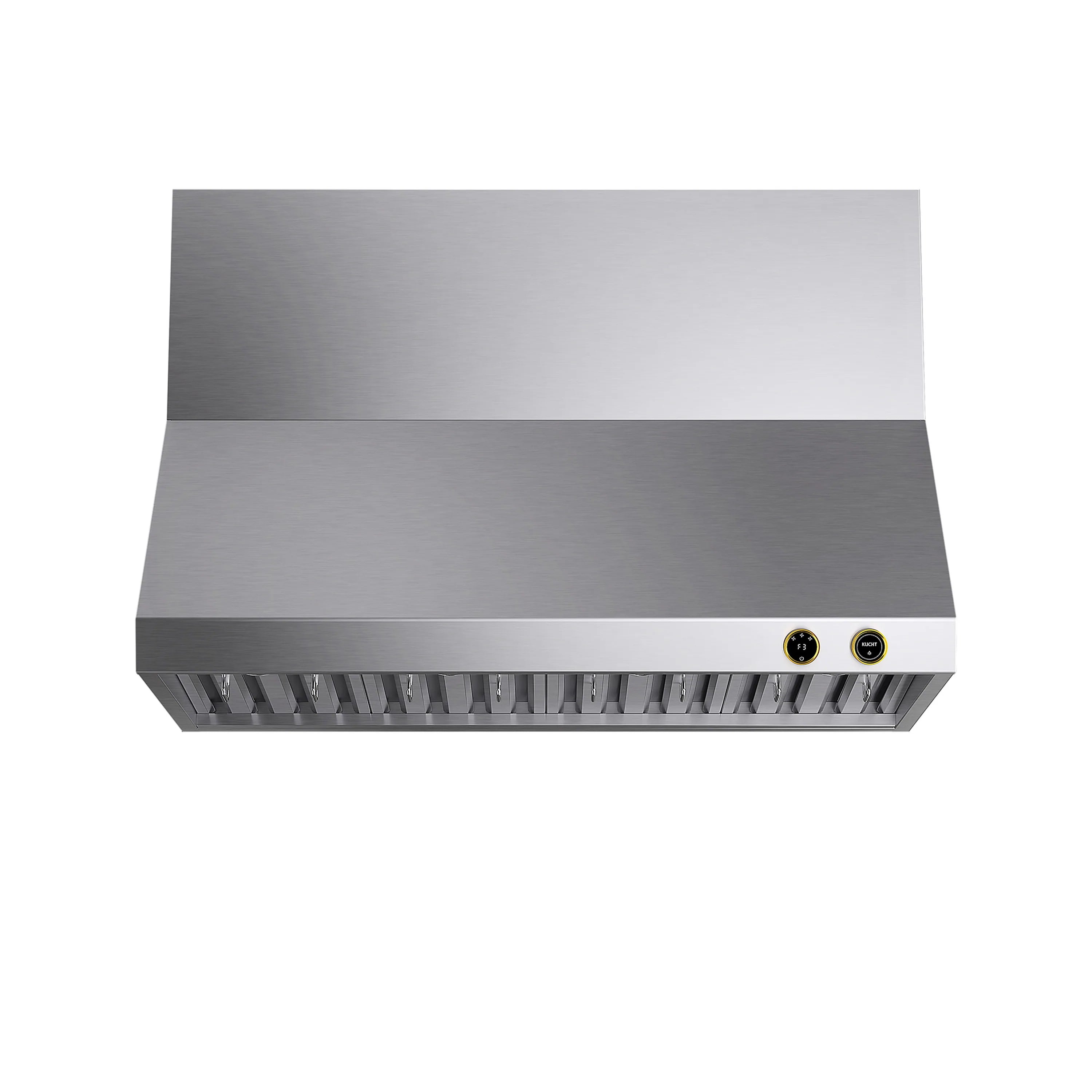 Stainless steel wall range hood underside with row of baffle slots and two side control knobs