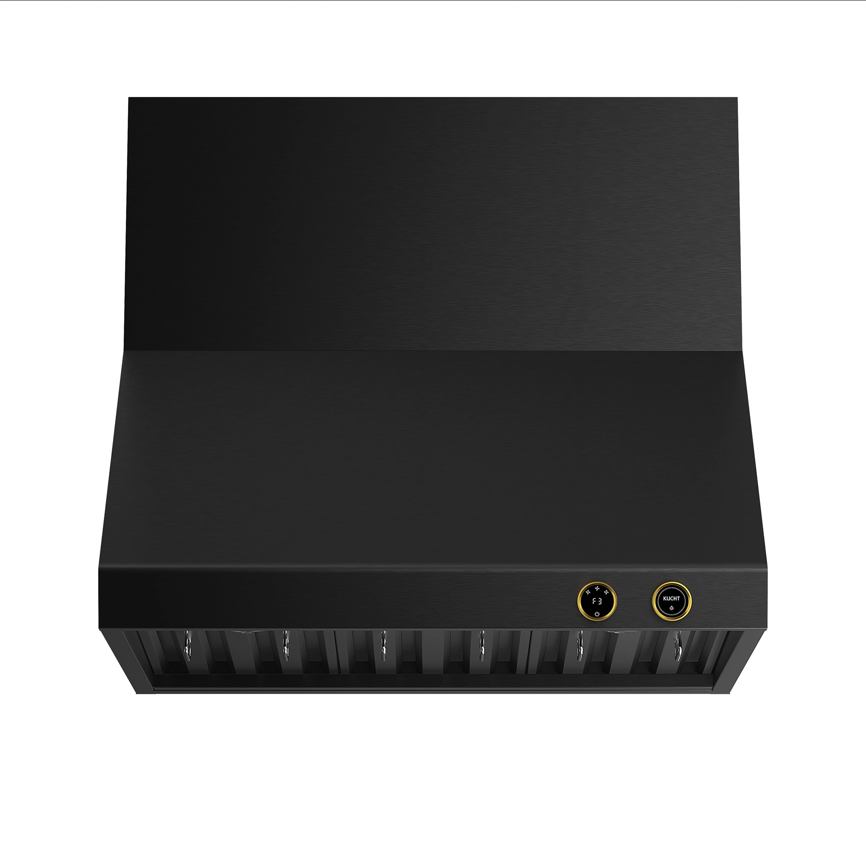 Front view of dark titanium range hood with baffle vents and gold control buttons