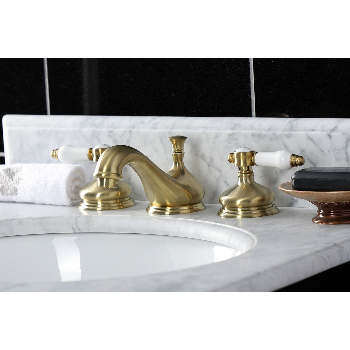 Bel-Air Widespread Bathroom Faucet with Brass Pop-Up in Brushed Brass