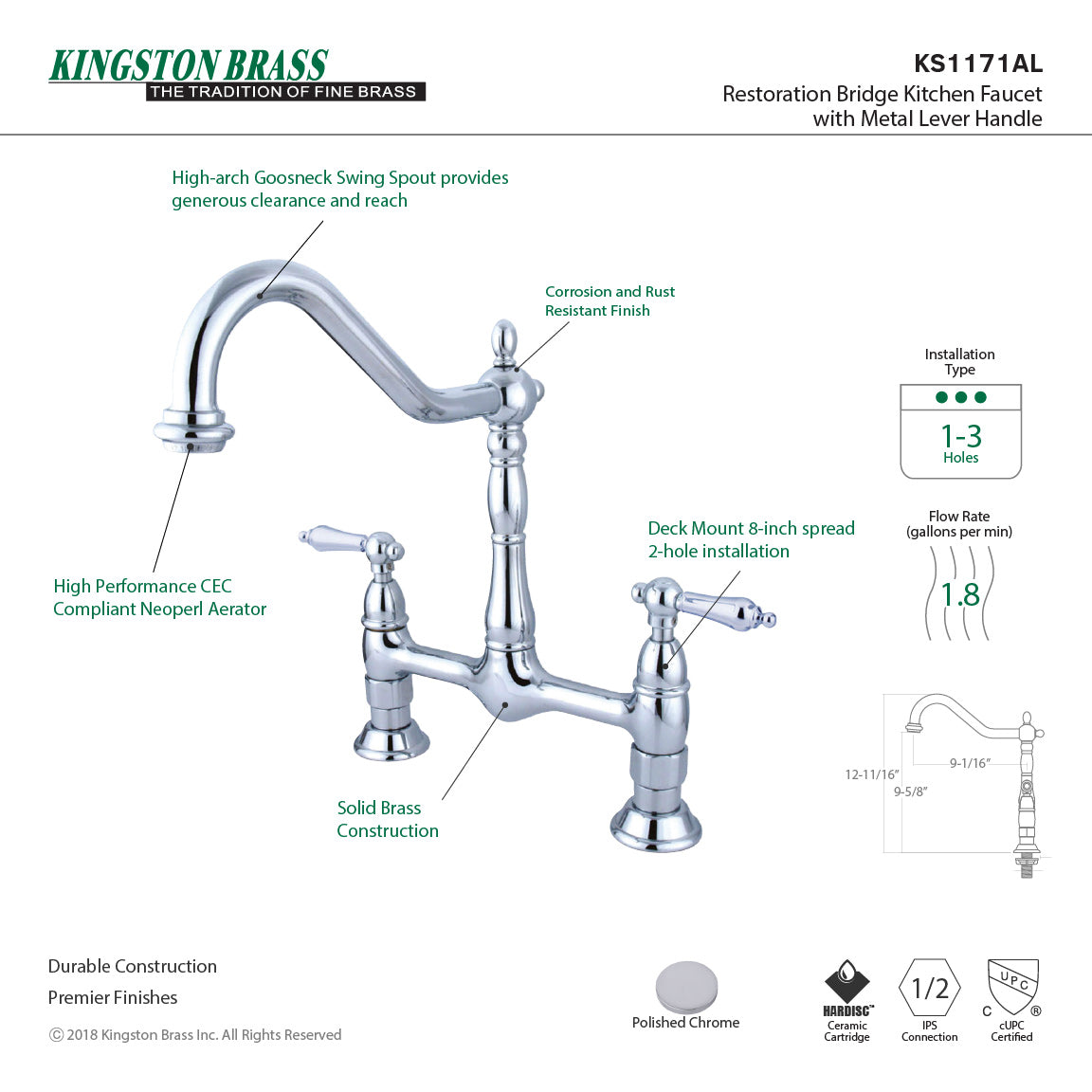 Heritage Bridge Kitchen Faucet in Polished Chrome