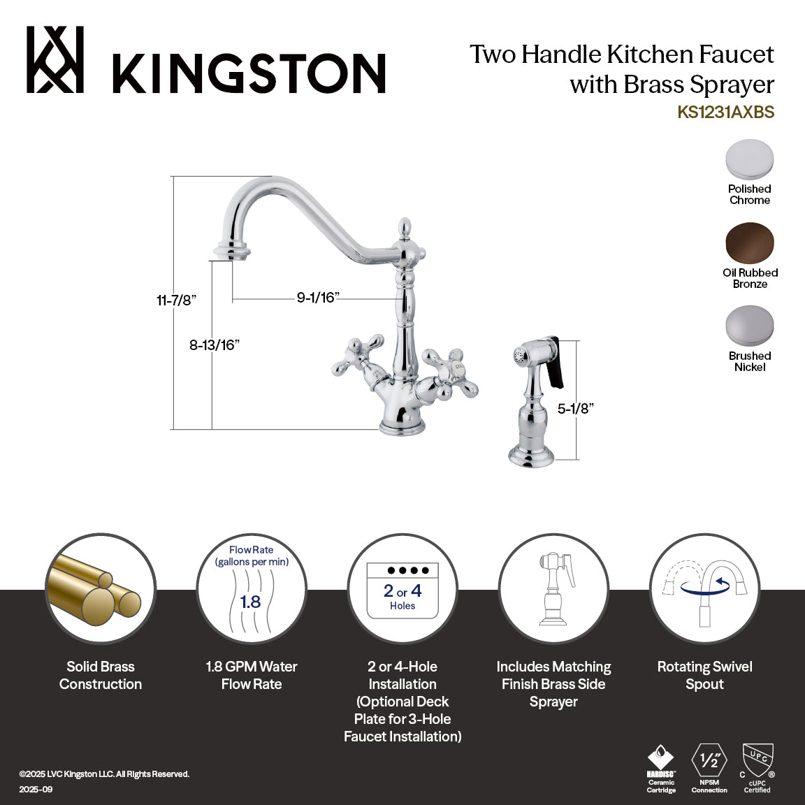 Heritage Two-Handle 2-or-4 Hole Kitchen Faucet with Deck Plate and Brass Sprayer in Brushed Nickel