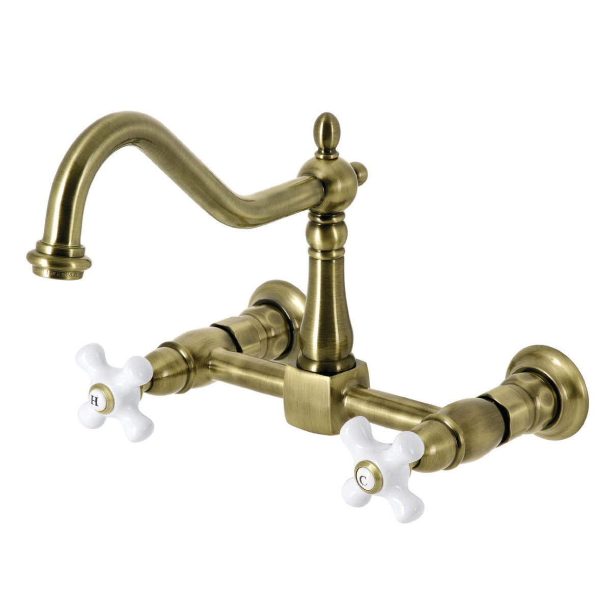 Heritage Double-Handle Wall-Mount Bridge Kitchen Faucet in Antique Brass