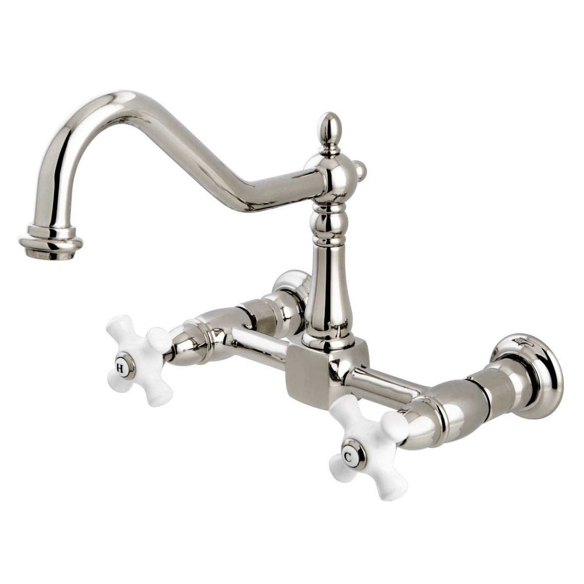 Heritage Double-Handle Wall-Mount Bridge Kitchen Faucet in Polished Nickel