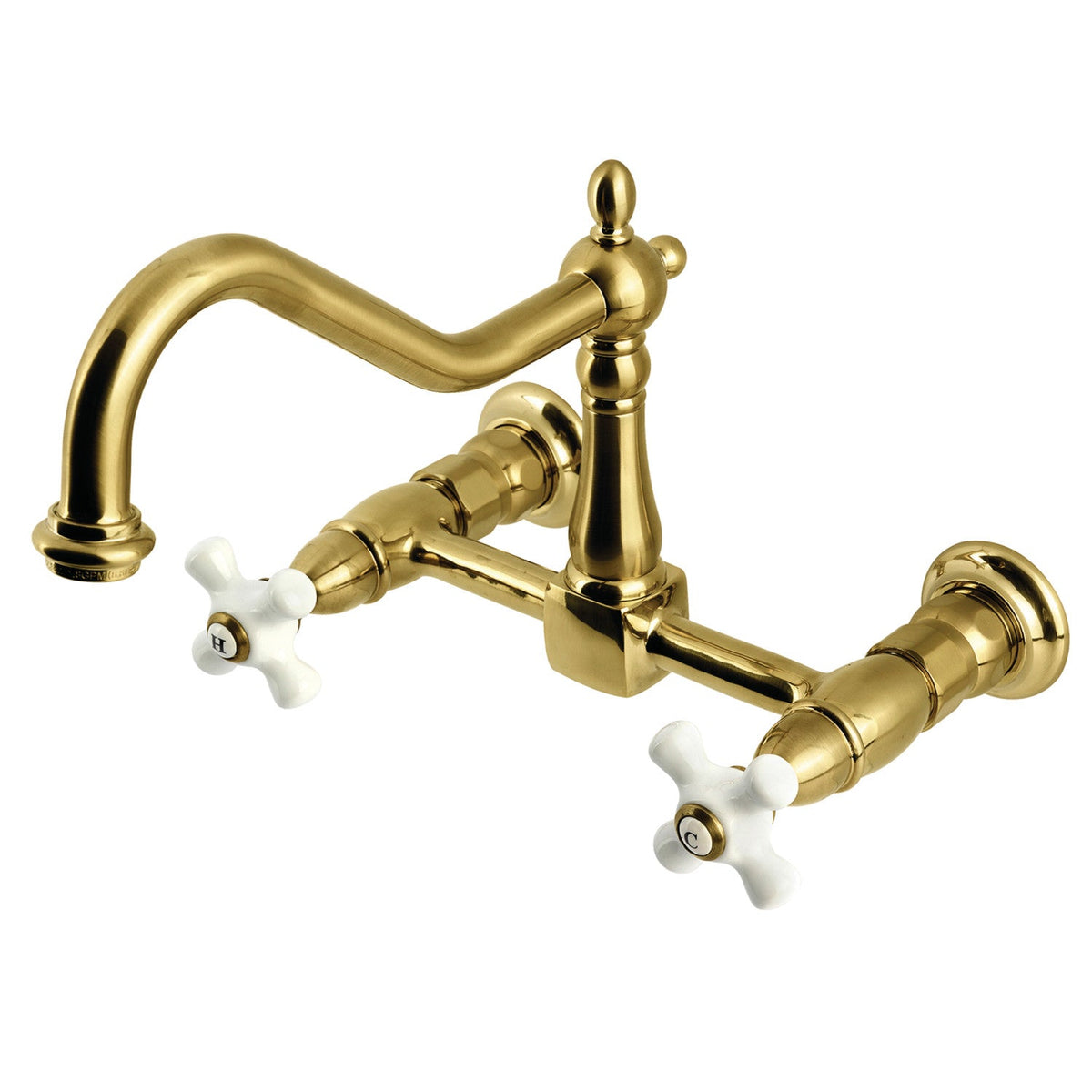 Heritage Double-Handle Wall-Mount Bridge Kitchen Faucet in Brushed Brass