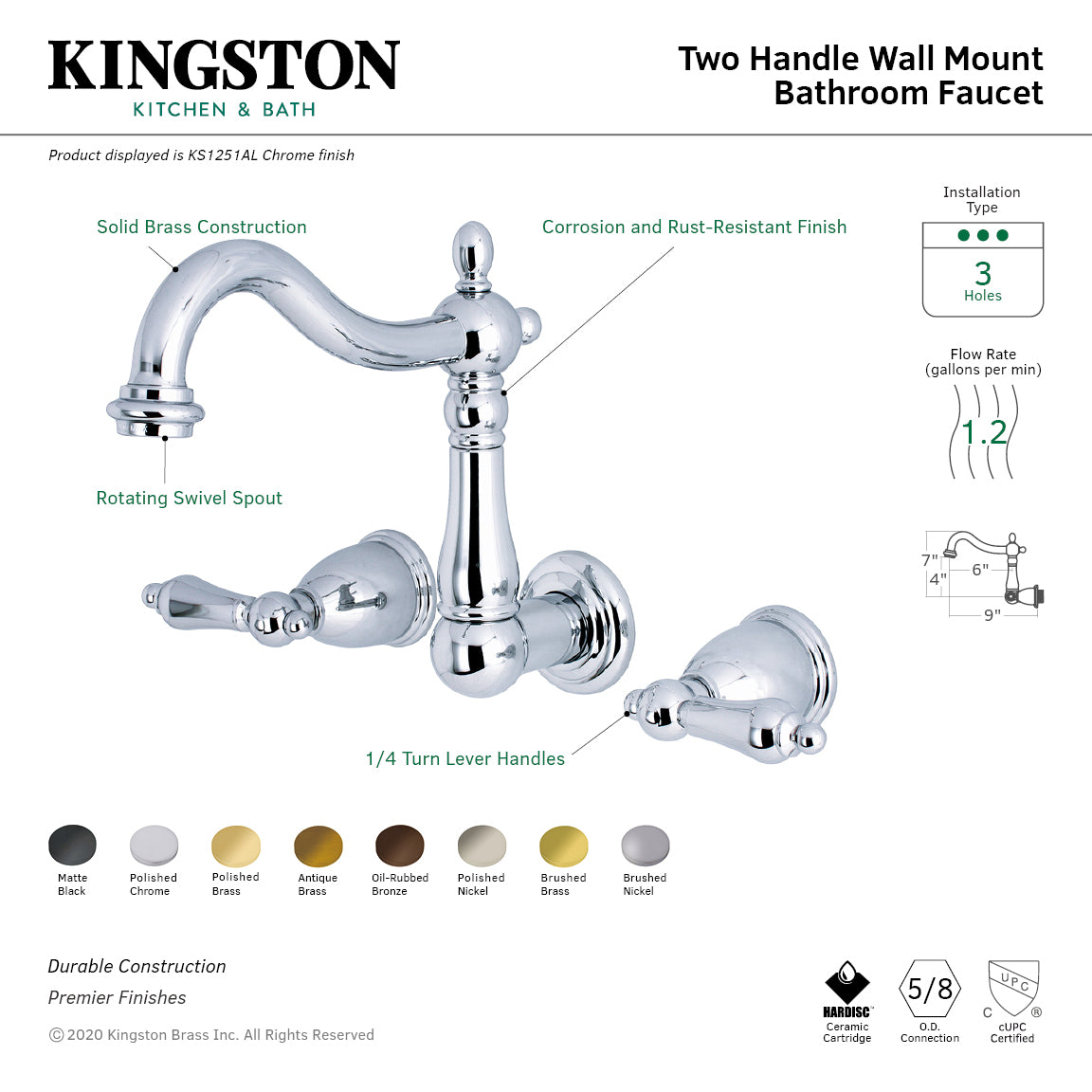 Heritage Double-Handle Wall Mount Bathroom Faucet in Polished Brass