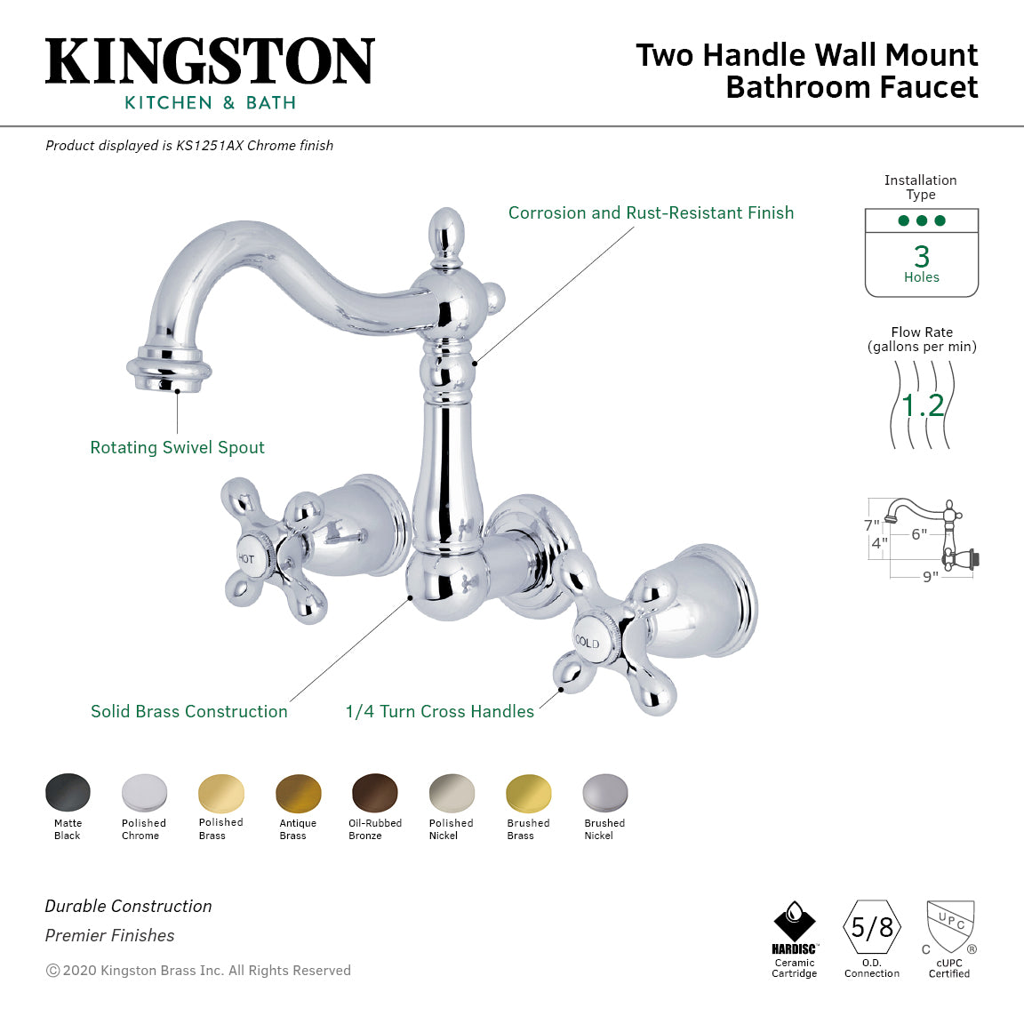 Heritage Double-Handle Wall Mount Bathroom Faucet in Polished Brass