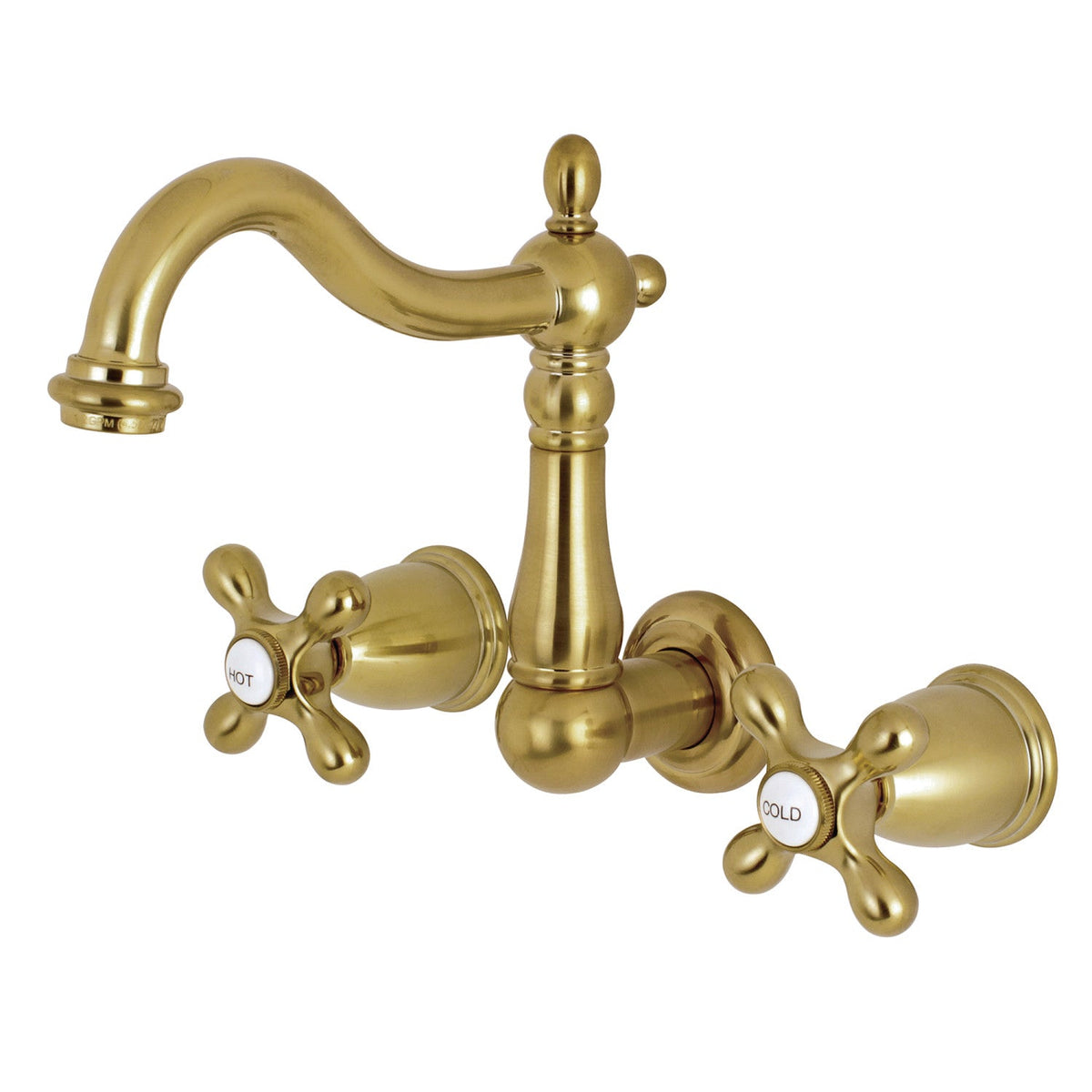 Heritage Double-Handle Wall Mount Bathroom Faucet in Brushed Brass