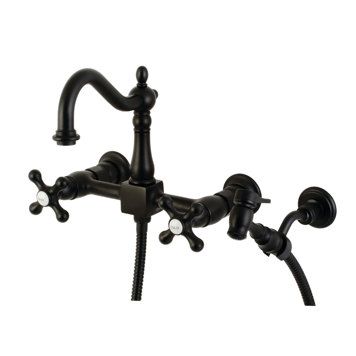 Heritage Double-Handle Wall-Mount Bridge Kitchen Faucet with Brass Sprayer in Matte Black