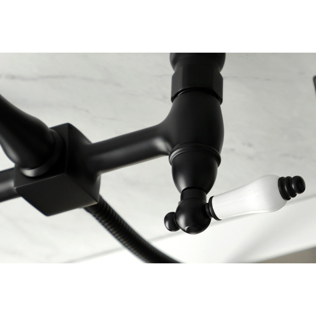 Heritage Double-Handle Wall-Mount Bridge Kitchen Faucet with Brass Sprayer in Matte Black