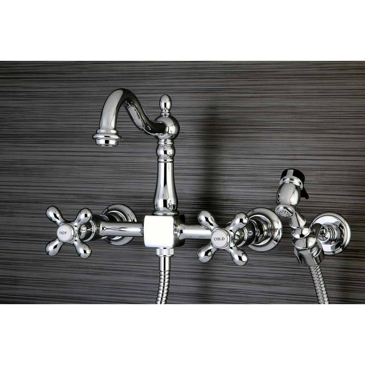 Heritage Double-Handle Wall-Mount Bridge Kitchen Faucet with Brass Sprayer in Polished Chrome