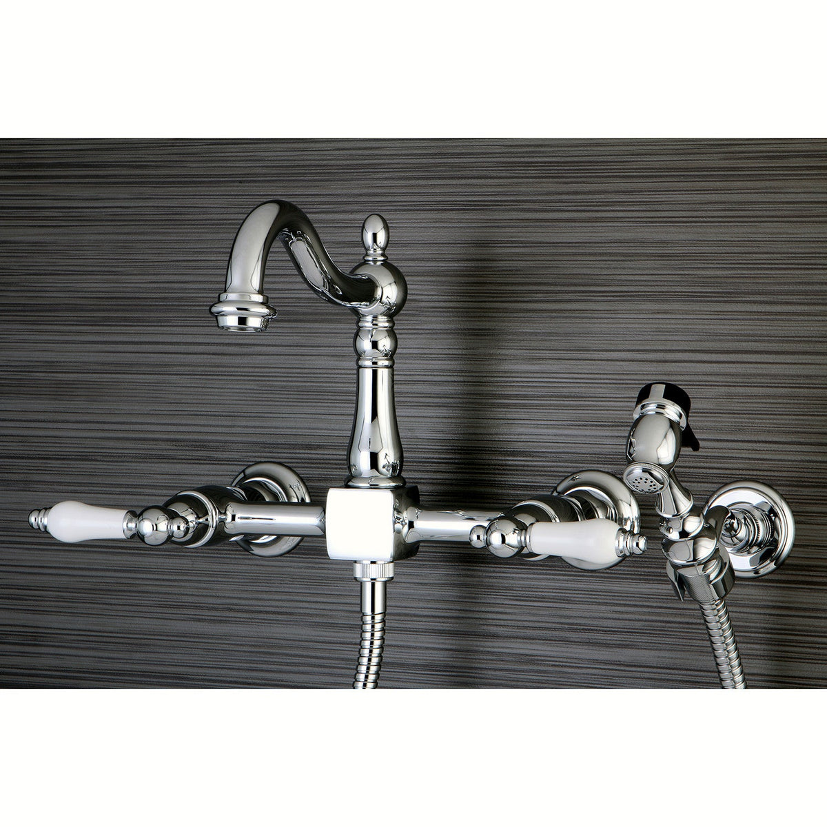 Heritage Double-Handle Wall-Mount Bridge Kitchen Faucet with Brass Sprayer in Polished Chrome