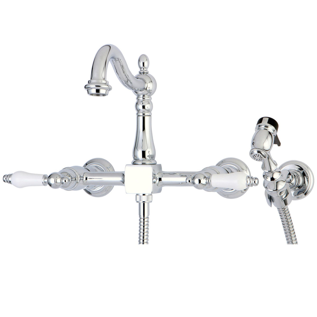 Heritage Double-Handle Wall-Mount Bridge Kitchen Faucet with Brass Sprayer in Polished Chrome