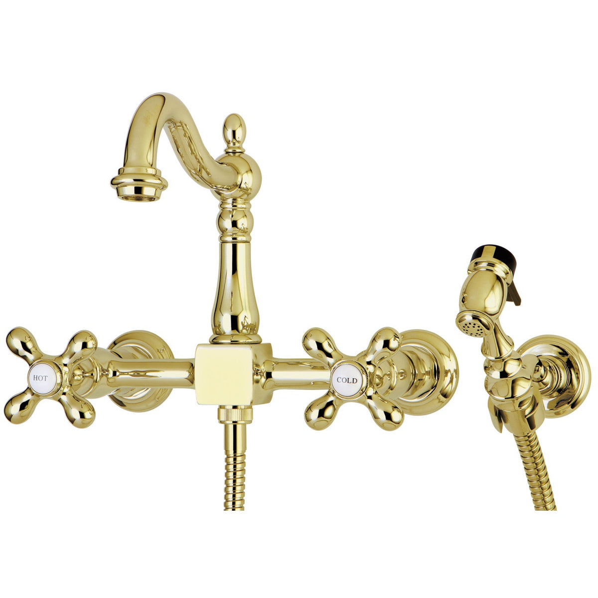 Heritage Double-Handle Wall-Mount Bridge Kitchen Faucet with Brass Sprayer in Polished Brass