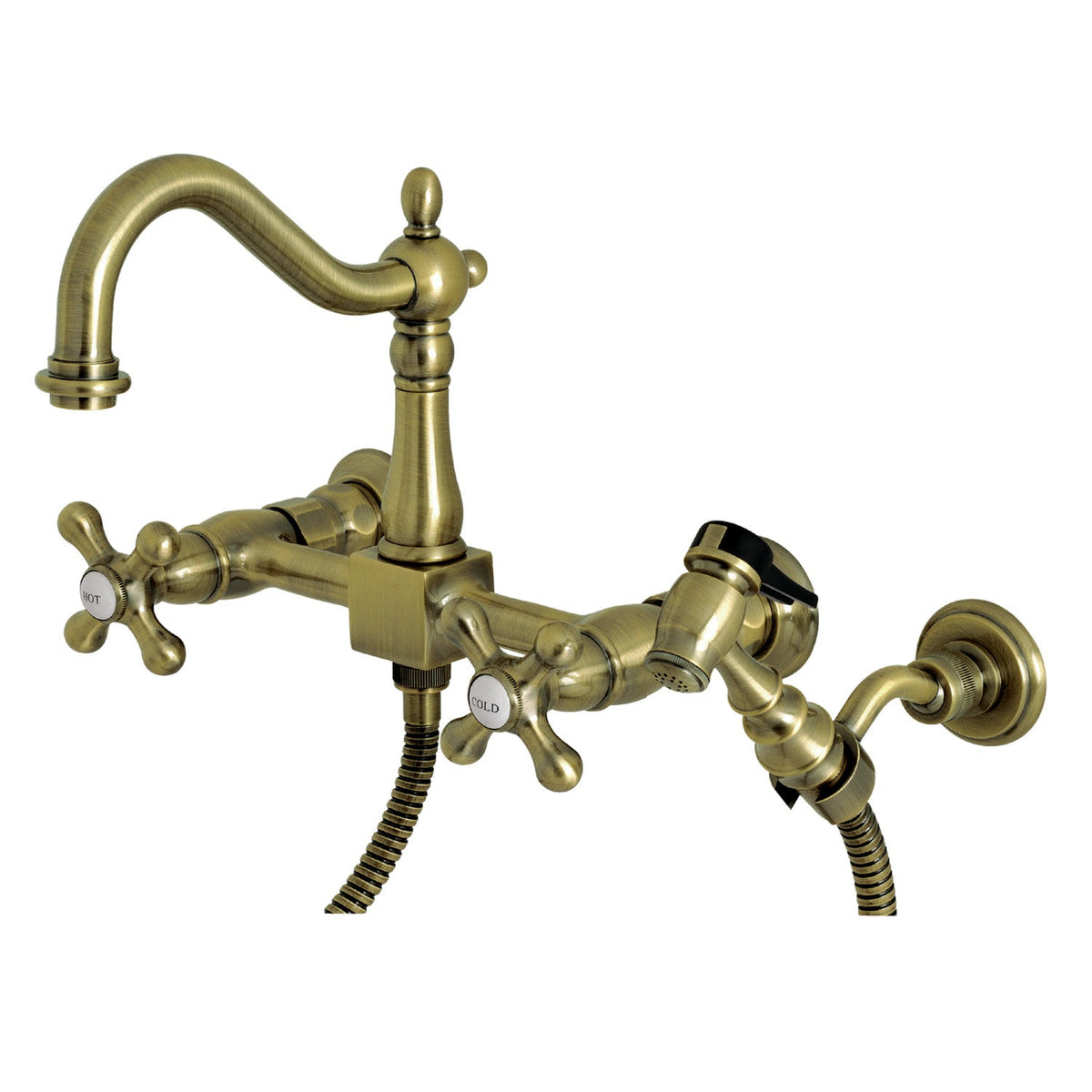 Heritage Double-Handle Wall-Mount Bridge Kitchen Faucet with Brass Sprayer in Antique Brass