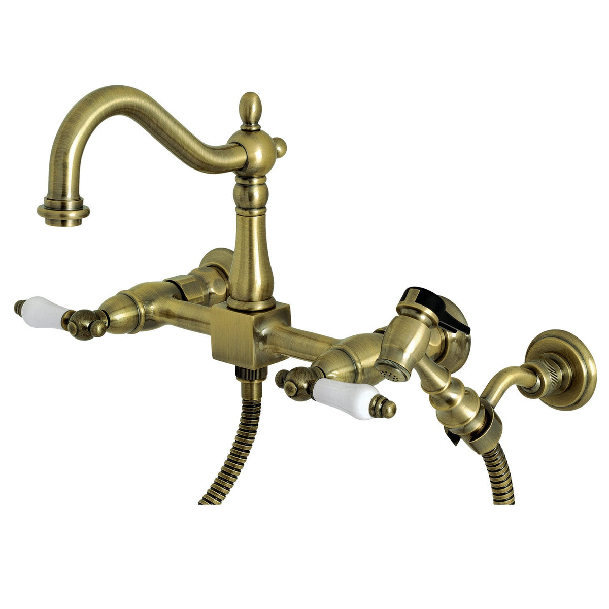 Heritage Double-Handle Wall-Mount Bridge Kitchen Faucet with Brass Sprayer in Antique Brass