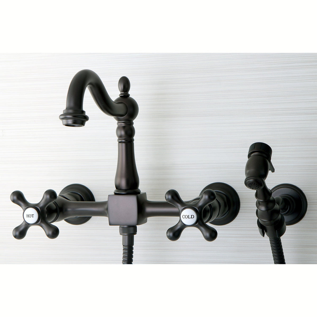 Heritage Double-Handle Wall-Mount Bridge Kitchen Faucet with Brass Sprayer in Oil Rubbed Bronze